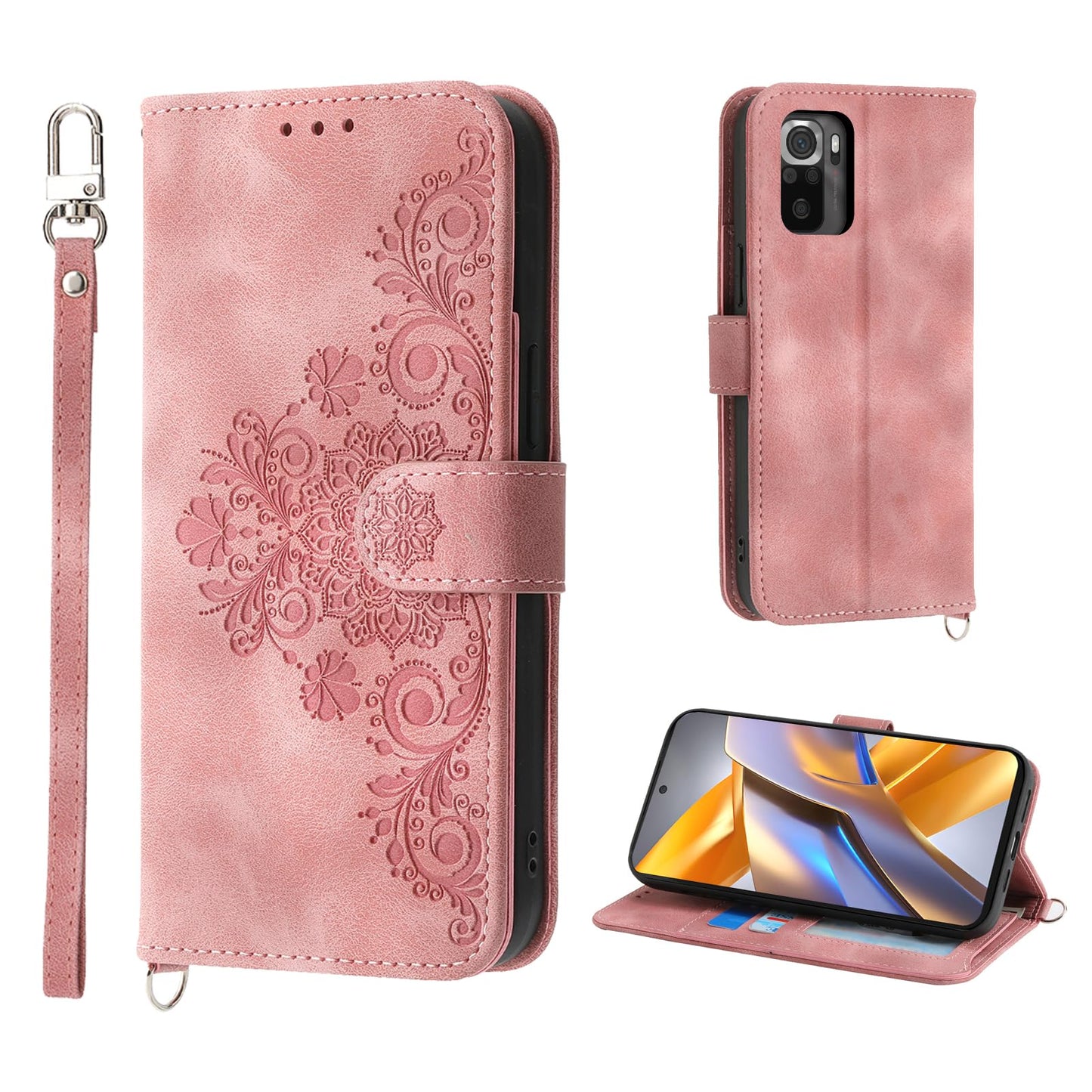 Auslbin Funda para Xiaomi Poco M5S 4G 6.43"/Poco M5S /Note 10/10S 4G Case Ranura de 5 Tarjetas con función de Soporte y cordón Cover Movil Protectora de Cuero PU Carcasa Rosa