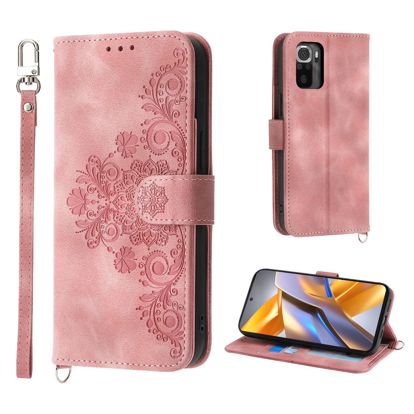Auslbin Funda para Xiaomi Poco M5S 4G 6.43"/Poco M5S /Note 10/10S 4G Case Ranura de 5 Tarjetas con función de Soporte y cordón Cover Movil Protectora de Cuero PU Carcasa Rosa