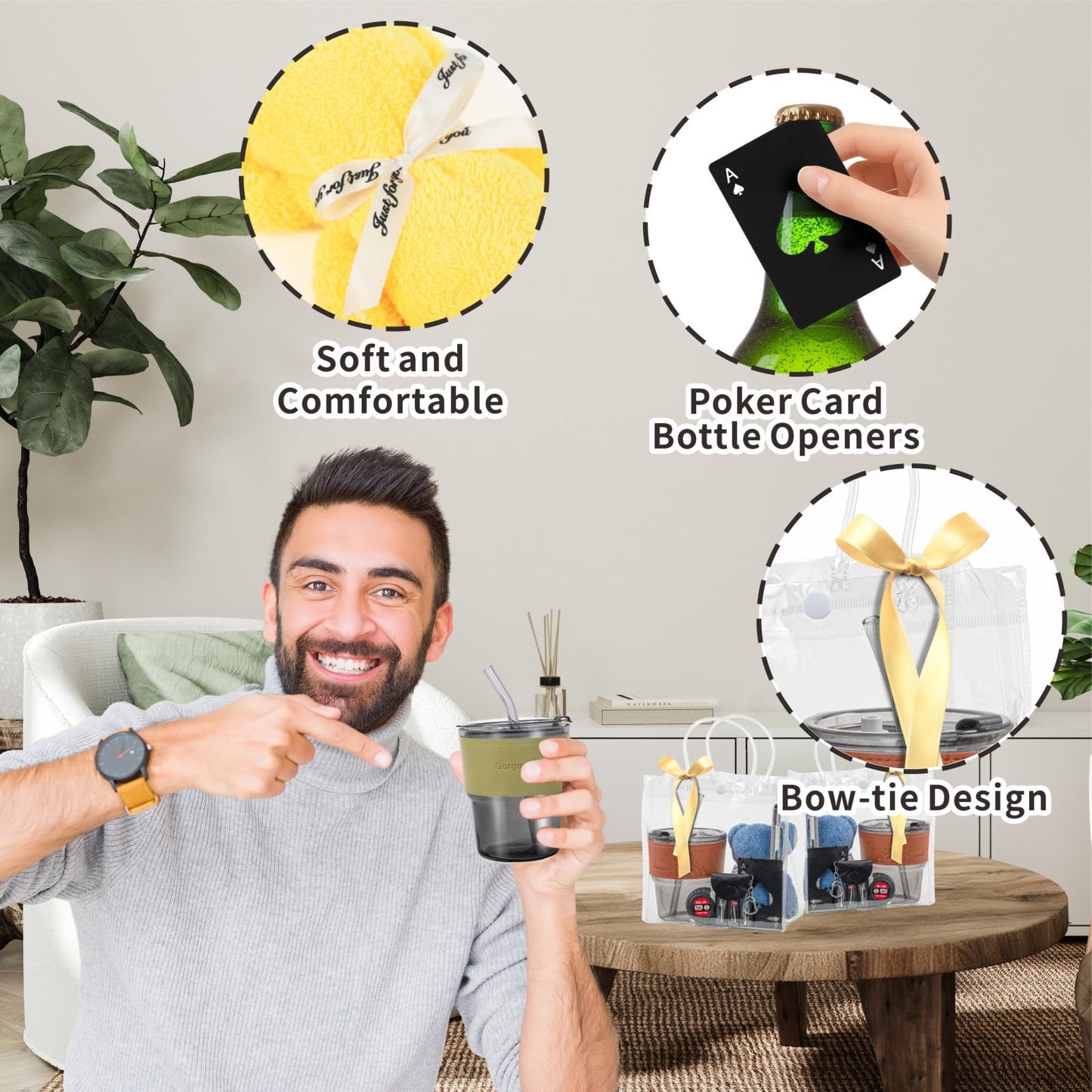 Buecobby - Juego de 6 premios para baby shower para hombres, con paño de limpieza de vasos de vidrio, mini destornillador, juego de llaveros, multiherramientas, divertidos premios útiles para