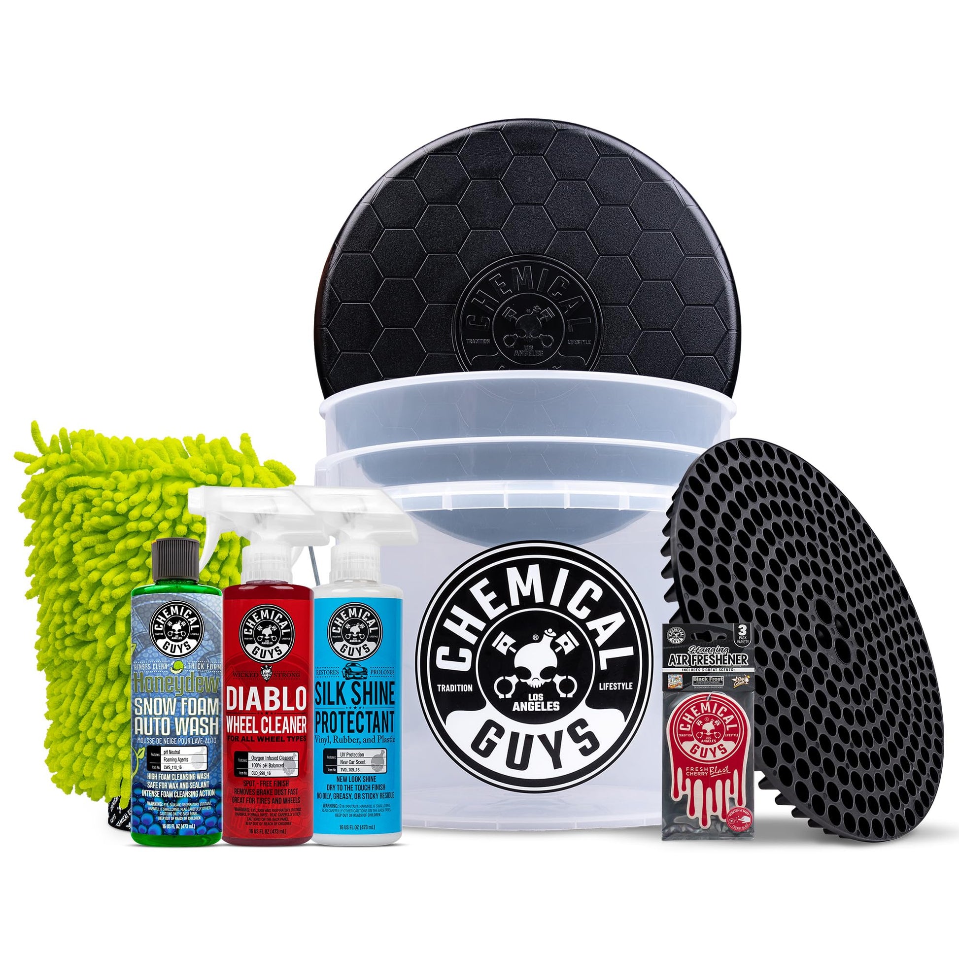 Chemical Guys Kit de 8 Piezas para el Lavado de Coches Arsenal Builder de con Cubo, colector de Suciedad, Tapa, Guante de Lavado, ambientador y 3 Productos químicos de Limpieza de 473 ml