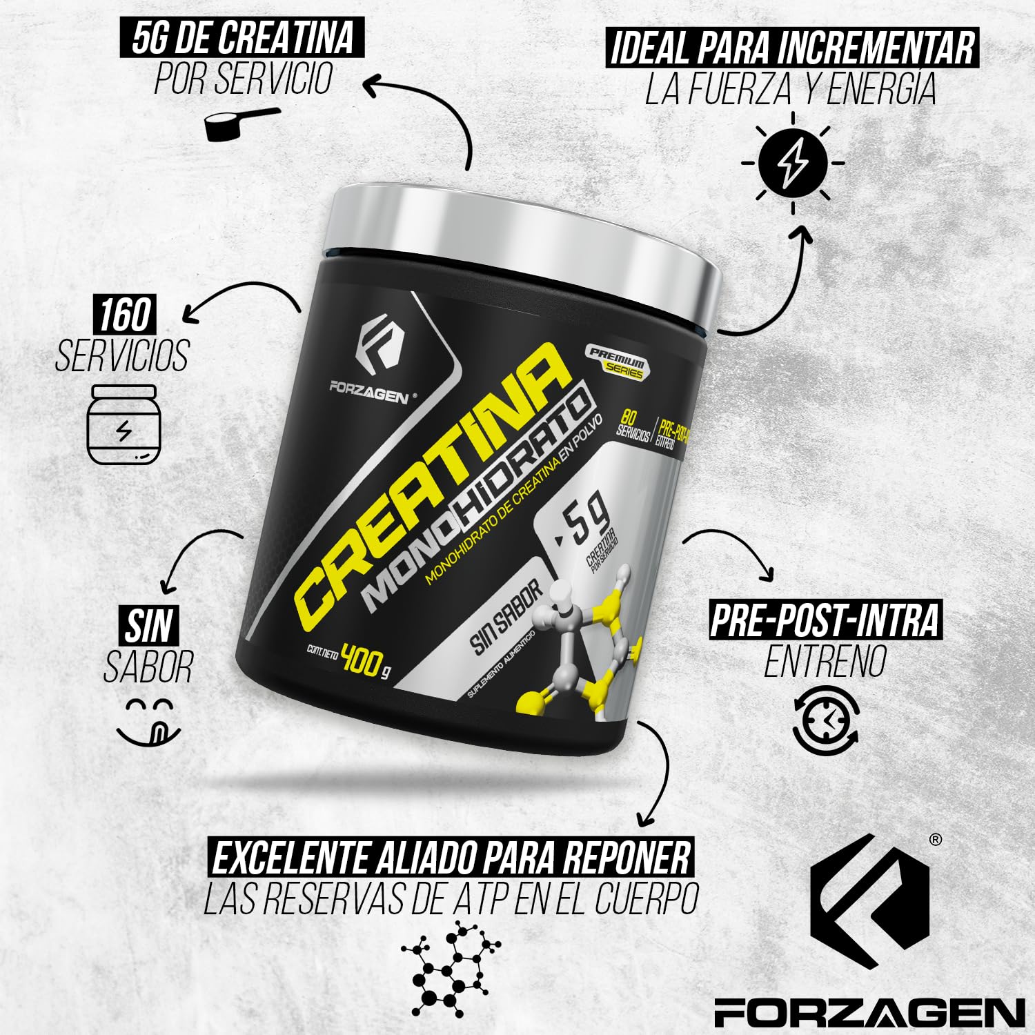Forzagen | Creatina Monohidrato 100% Pura | 5 g de Creatina | 80 Servicios | Sin Sabor | Pre Entrenamiento | Alto Rendimiento | 400 g