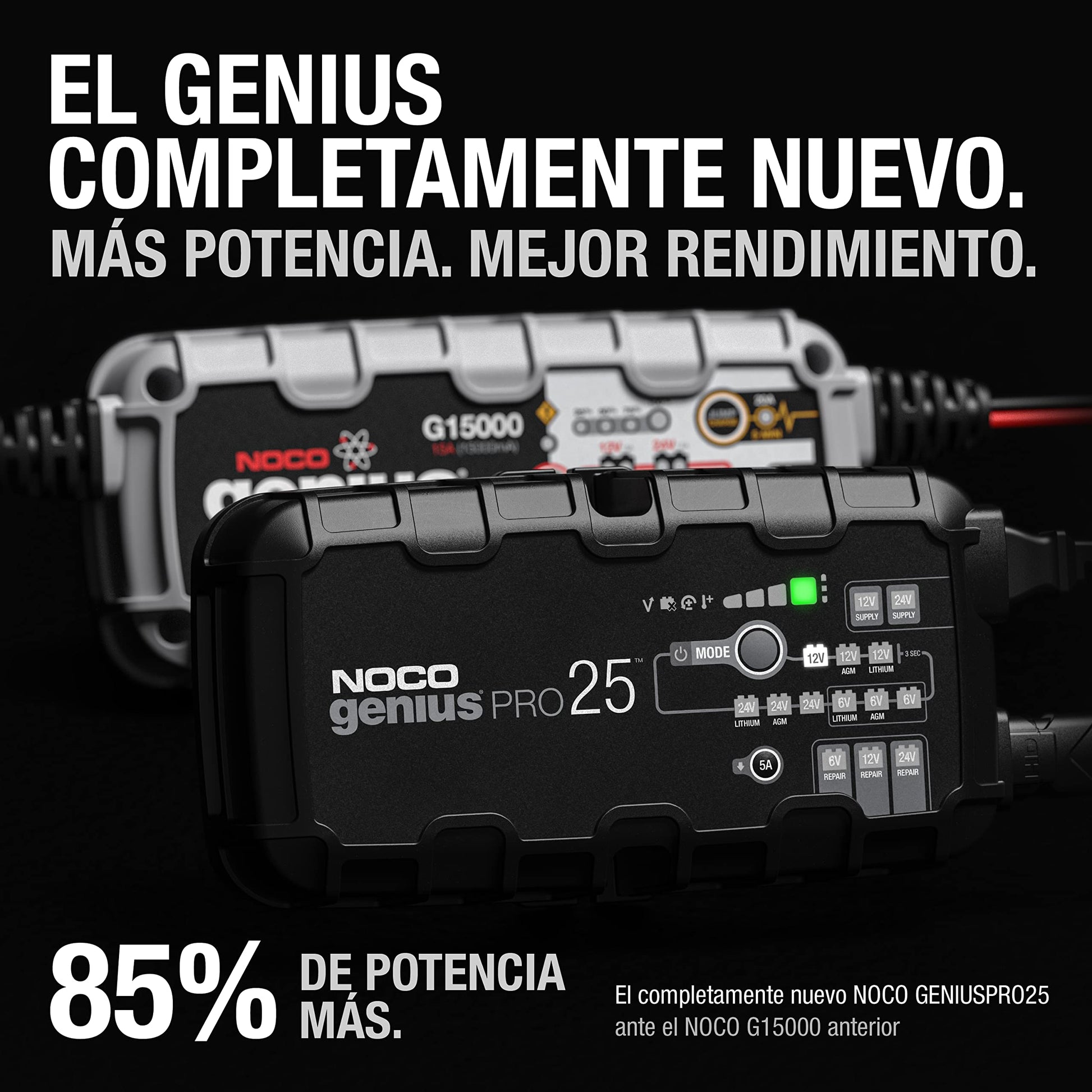 NOCO GENIUSPRO25: Cargador Inteligente 6V/12V/24V 25A – Profesional, mantenedor, desulfatador y Fuente de alimentación con protección contra sobrecarga – para baterías de Plomo y Litio