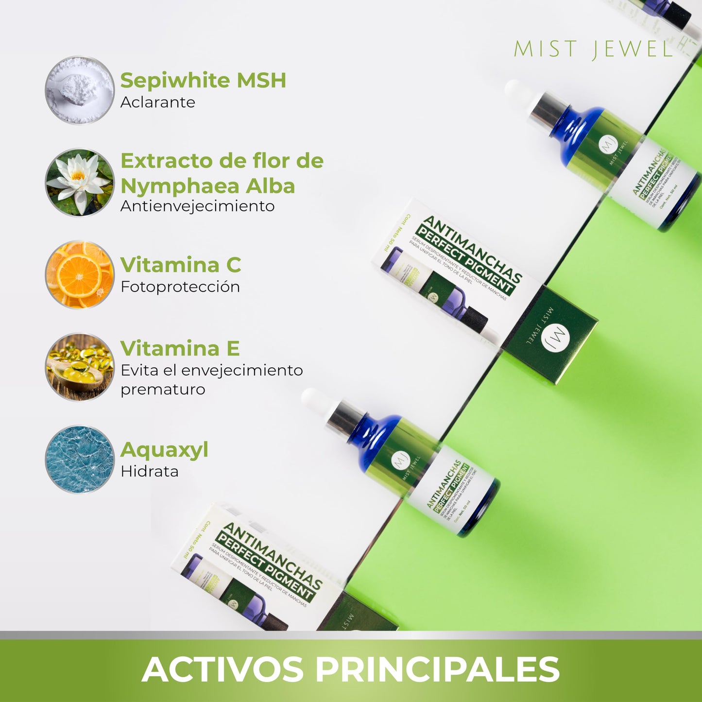 MIST JEWEL | Serum reductor de pigmentacion aclarador para manchas faciales en la piel, Suero facial antimanchas adicionado con vitamina C y E para unificar el tono y reducir hiperpigmentación 50ml