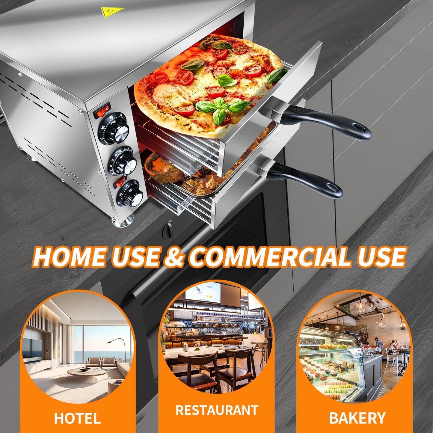 Generic YOOKTEN - Horno eléctrico de pizza para encimera de interior y comercial, máquina para hacer pizzas, horno de pizza de acero inoxidable de 2 niveles, 1100 W