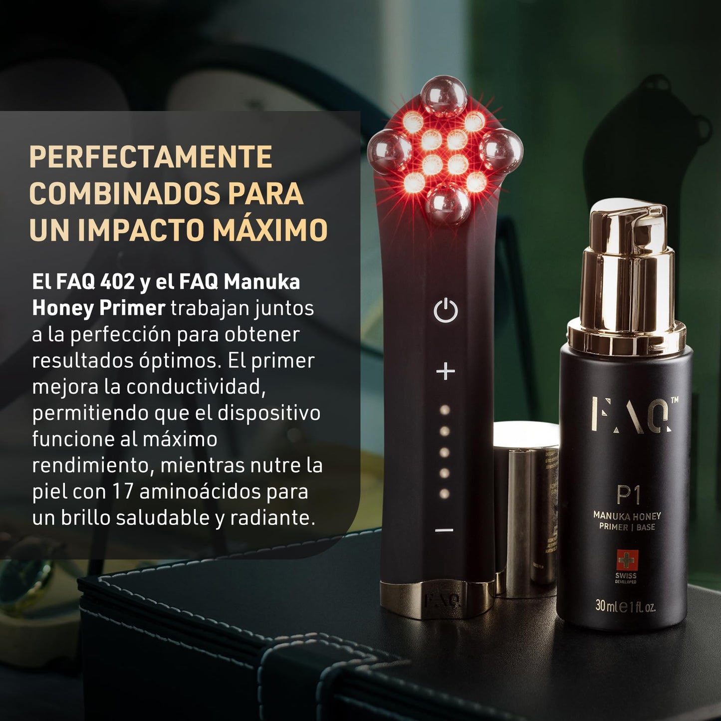 Set de cuidado FAQ Sculpt & Glow – Dispositivo FAQ 402 + Serum facial P1 Miel de Manuka con Acido Hialuronico – Antienvejecimiento skincare para tonificar y drenar el rostro