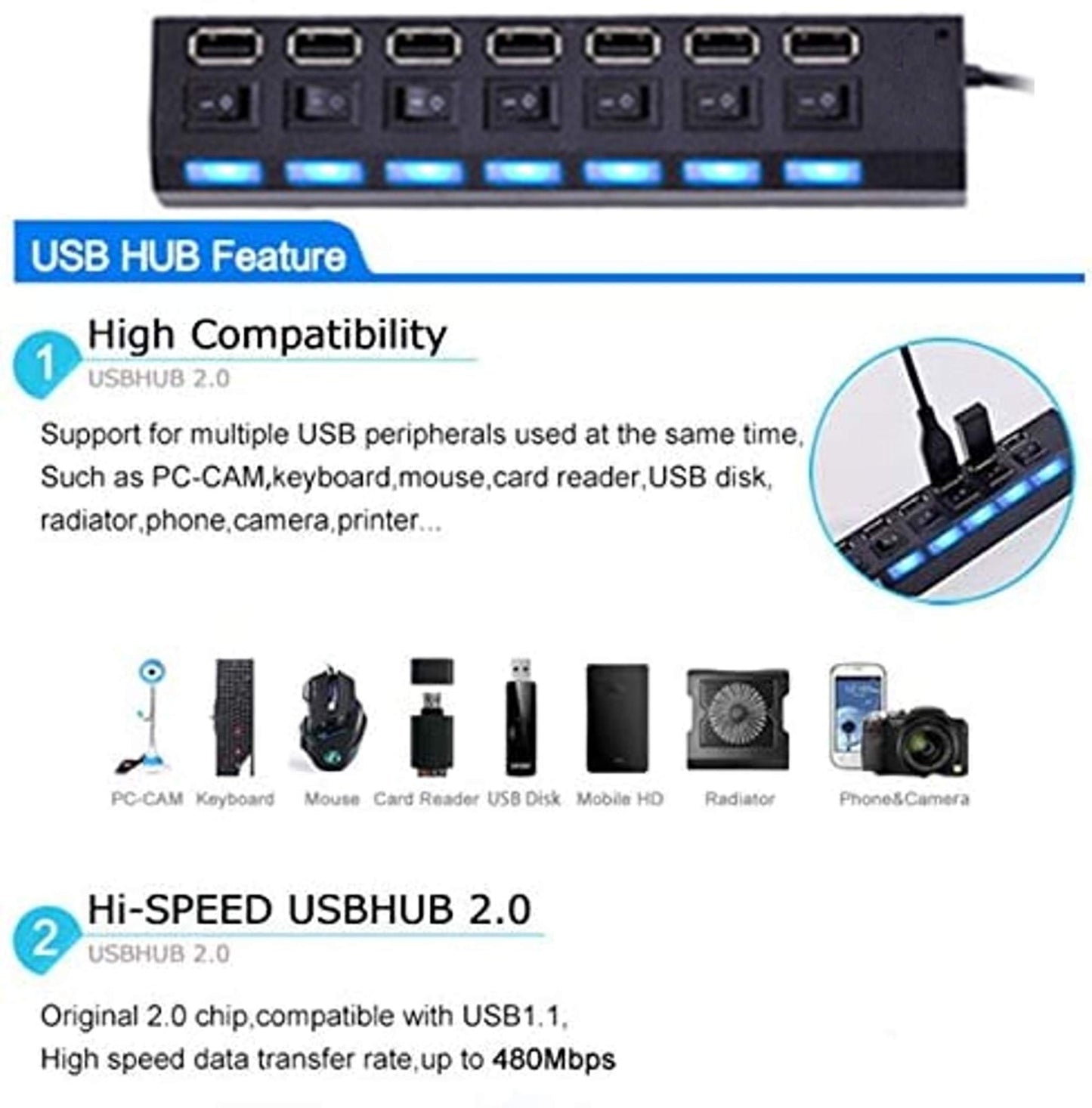 ELE-Gate | Hub USB 7 Puertos | con Switch Individual por Puerto | Conexión Estable y Rápida | Color Negro