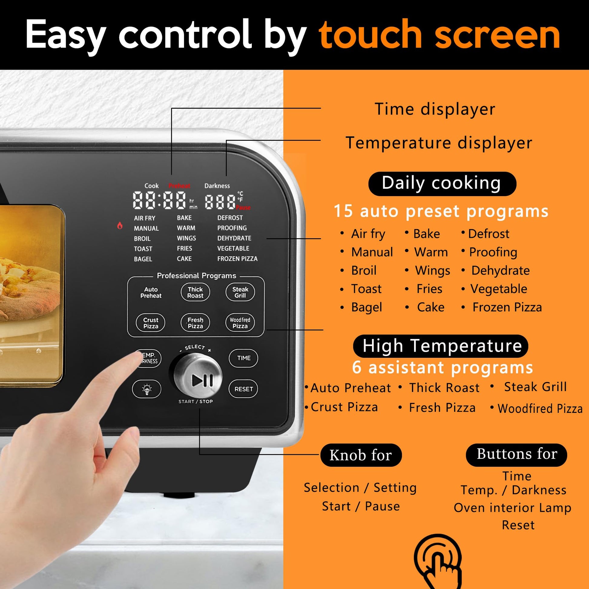 Horno eléctrico de pizza para interiores calienta hasta 1000 °F, hace pizzas de 12 pulgadas en minutos, horno de encimera con 15 funciones y 10 accesorios para múltiples funciones, acero inoxidable