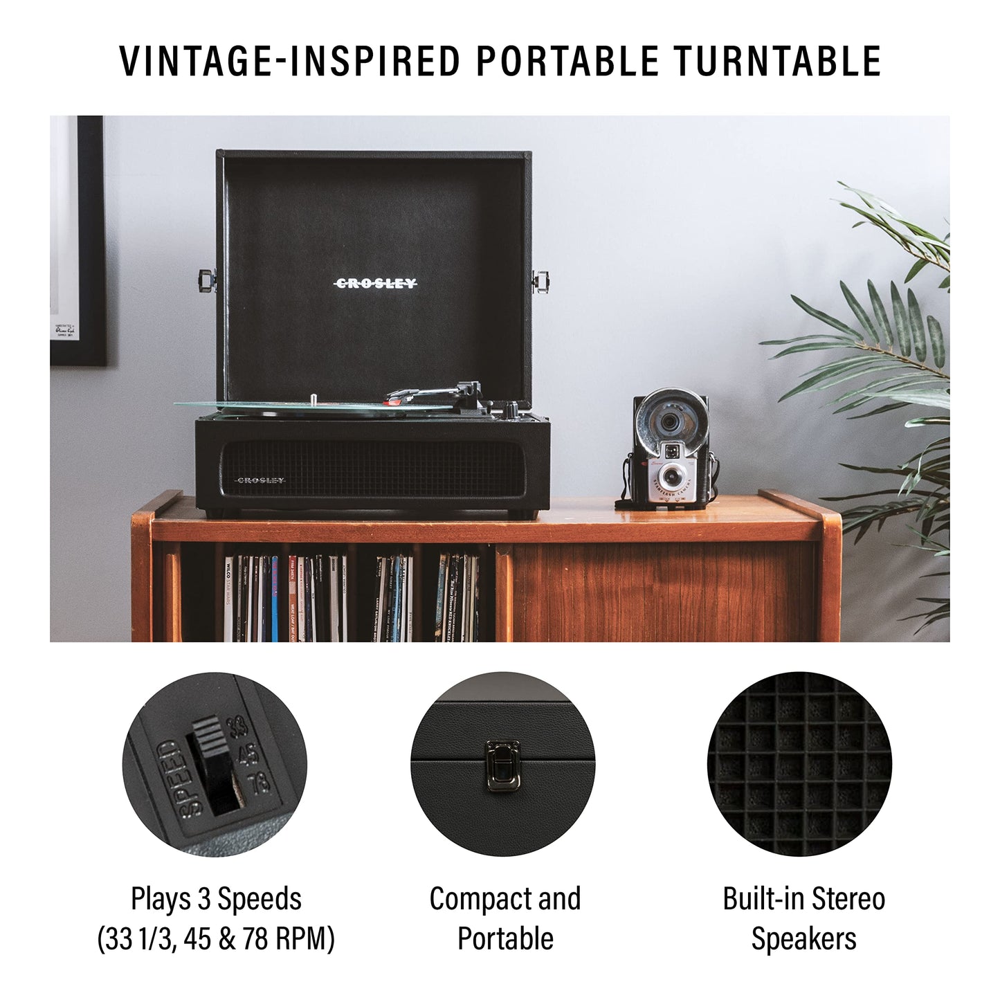 Crosley CR8017B-BK Voyager - Tocadiscos de Vinilo portátil clásico con Entrada y Salida Bluetooth y Altavoces Integrados, Color Negro