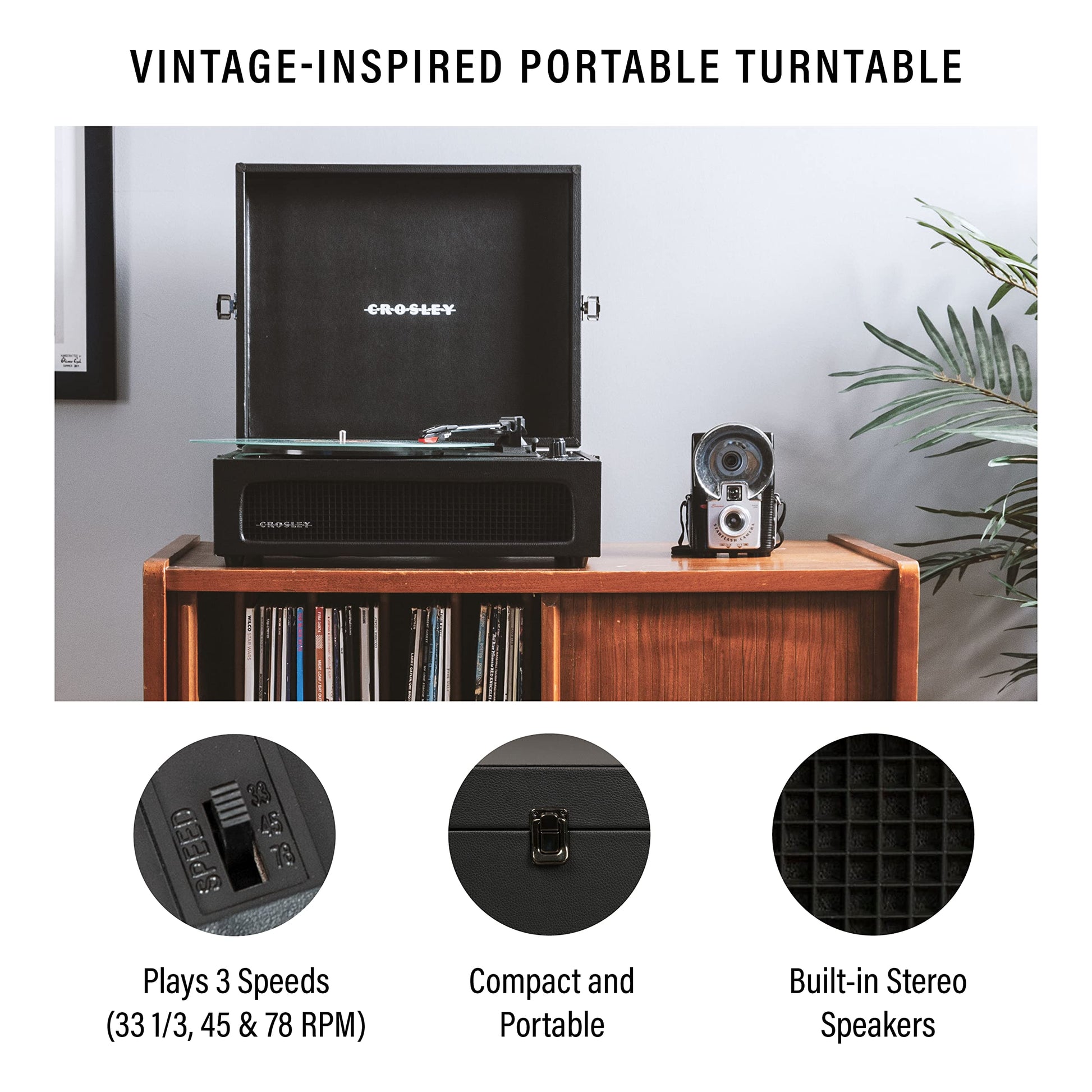 Crosley CR8017B-BK Voyager - Tocadiscos de Vinilo portátil clásico con Entrada y Salida Bluetooth y Altavoces Integrados, Color Negro