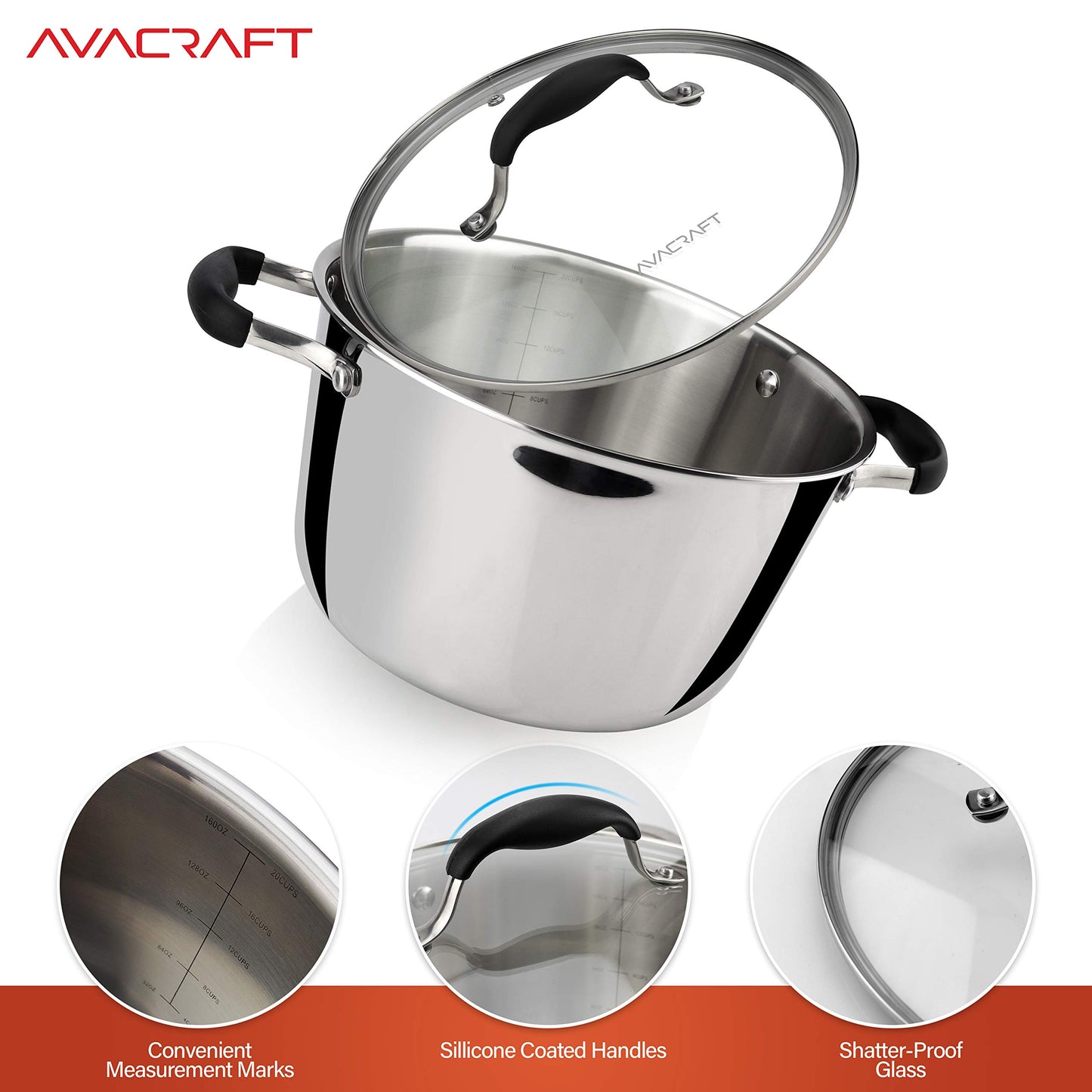AVACRAFT Horno holandés de acero inoxidable 18/10 con tapa, olla holandesa con tapa, sartén de chef con tapa de vidrio en ollas y sartenes, olla de inducción, olla de stock (5 cuartos de galón)