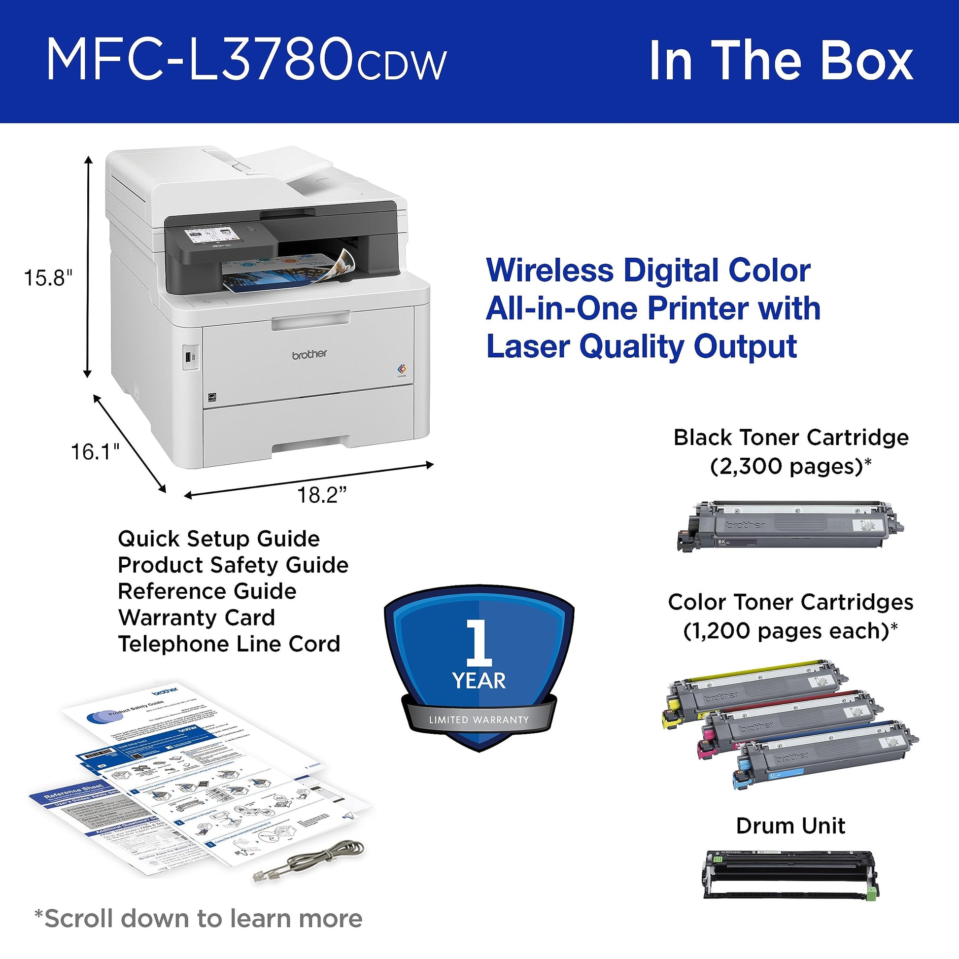 Brother MFC-L3780CDW Impresora Digital inalámbrica en Color Todo en uno con Salida de Calidad láser, Copia y escaneo dúplex de una Sola pasada, Incluye Prueba de suscripción de actualización de 4