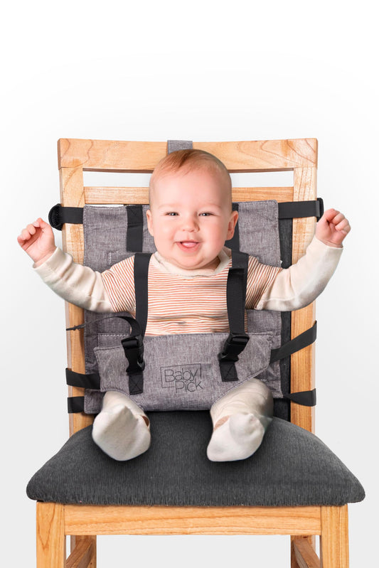 Silla alta portátil para viajes por Baby Pick – Asiento de arnés, equipo plegable y ligero, correas ajustables para bebés y niños pequeños, compacta y segura, lavable a máquina, imprescindible para