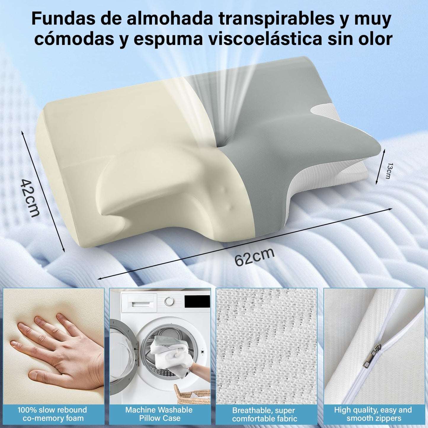 GALASALA Almohada Memory Foam, Almohada Cervical para Aliviar el Dolor de Cuello, Almohada Ortopédica Ergonómica para Boca Arriba, Personas Que Dormir de Lado o Boca Abajo, con Fundas de Almohada