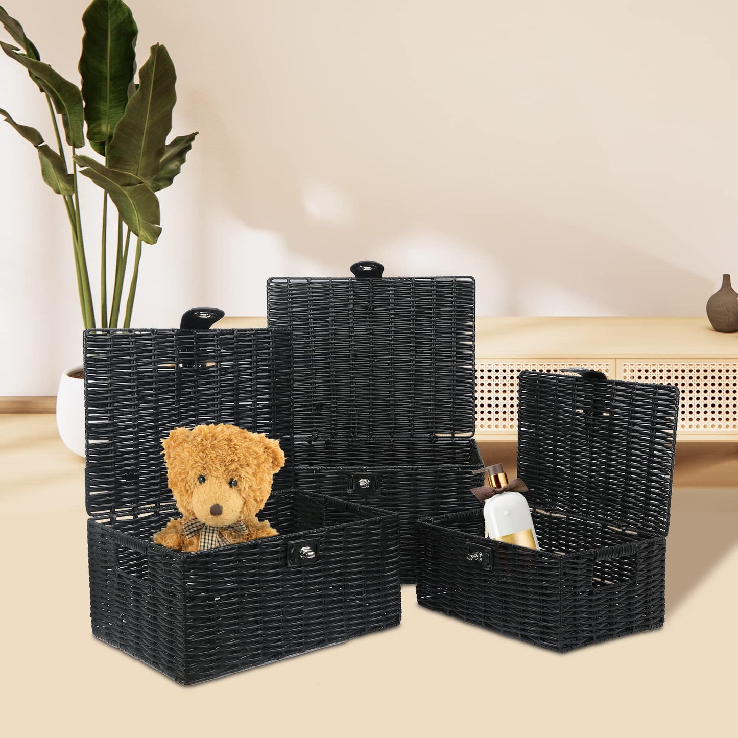 Honygebia - Juego de 3 cestas de almacenamiento de mimbre negro - Cajas decorativas con tapas, cesta tejida con cerradura y asa, organizador para maquillaje, belleza, decoración de baño