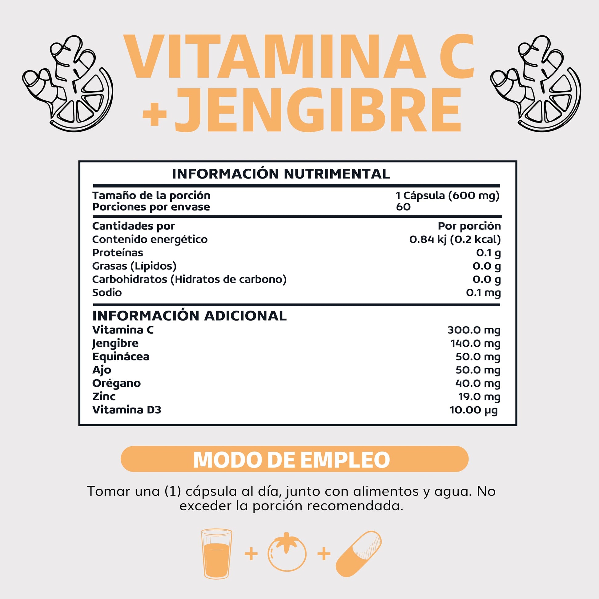 Beyond Vitamins | Vitamina C potenciada con antioxidantes y anti-inflamatorios, Jengibre, Equinácea, Ajo, Orégano, Zinc y Vitamina D3, Cápsulas veganas (60 Cápsulas)