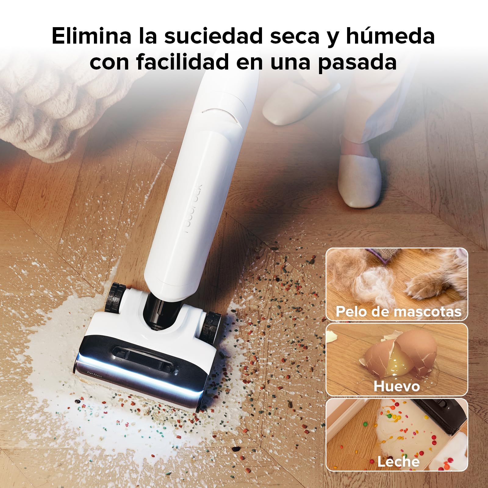 Aspiradora en húmedo y seco Roborock Flexi, diseño FlatReach de 180°, mopa inalámbrica de 17 000 Pa con autolimpieza con Agua Caliente y autosecado, Borde a Borde, mosaicos y Pisos Duros