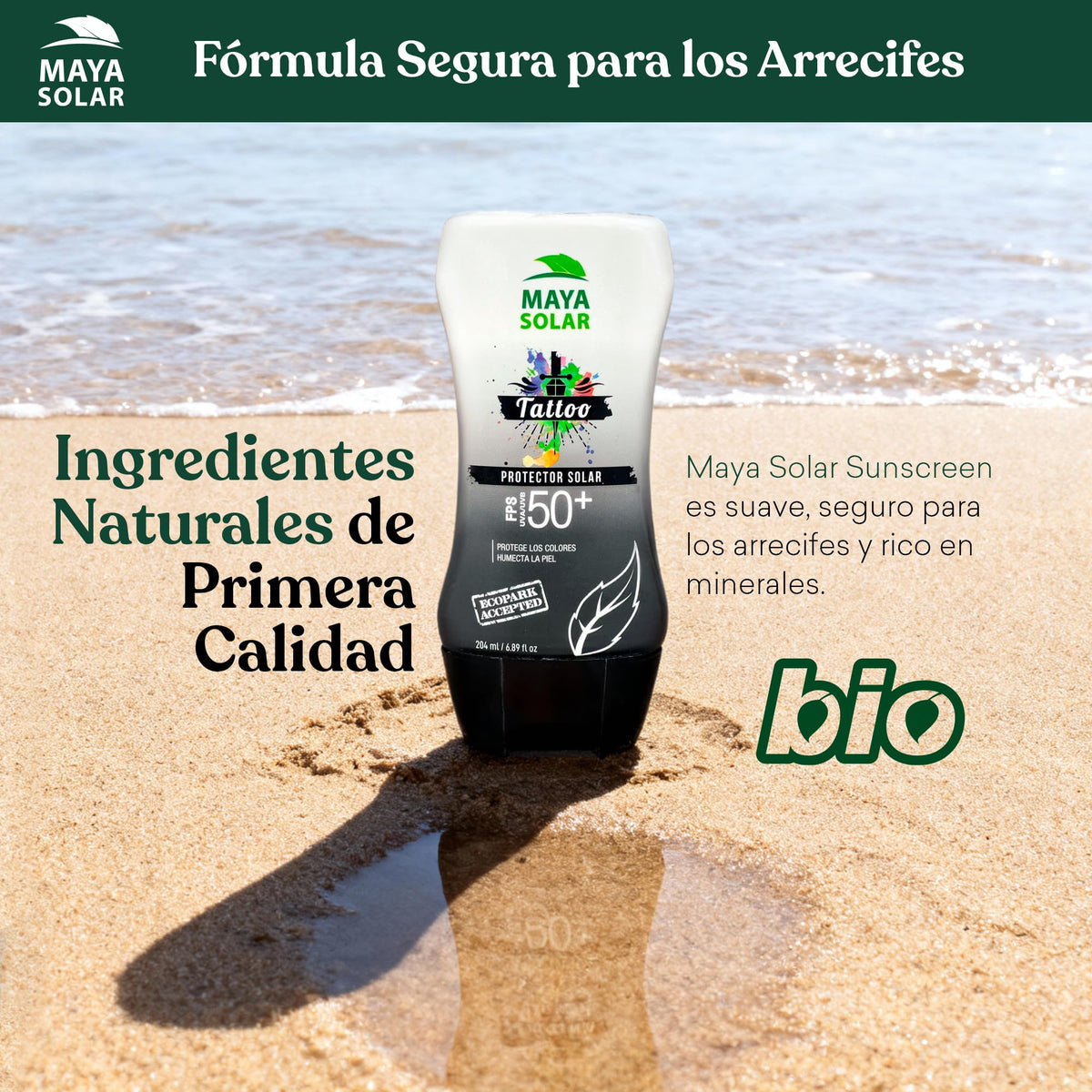 Maya Solar Bloqueador para Tattoos FPS 50+ | Triple Acción Especializada | Hidratación Intensiva | Previene Decoloración UV | Ingredientes Naturales y Eco-Amigable