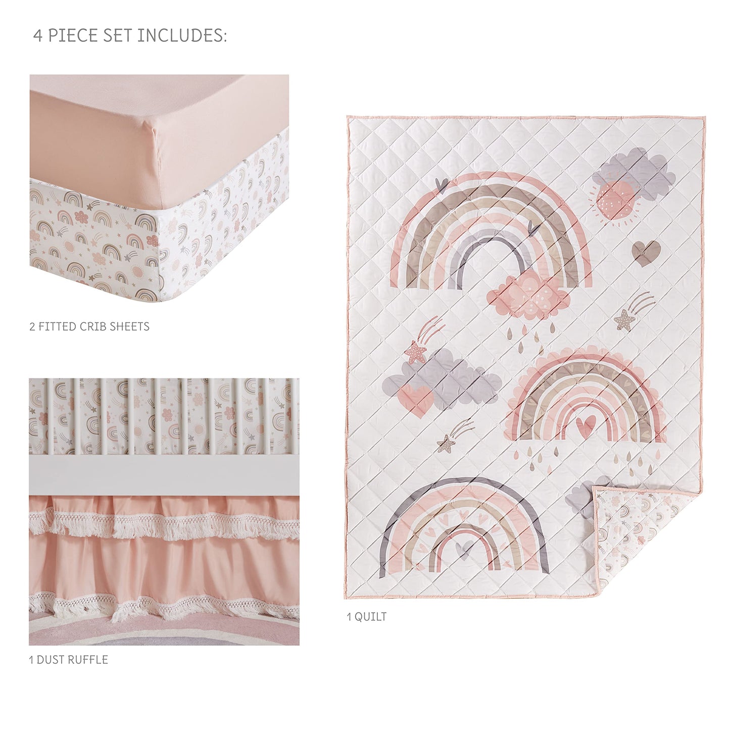 Levtex Baby - Juego de cama de bebé de 4 piezas sobre el arco iris, rosa, gris, gris pardo, bronceado y coral, incluye edredón reversible, sábana bajera de arco iris, sábana bajera rosa, falda de cama