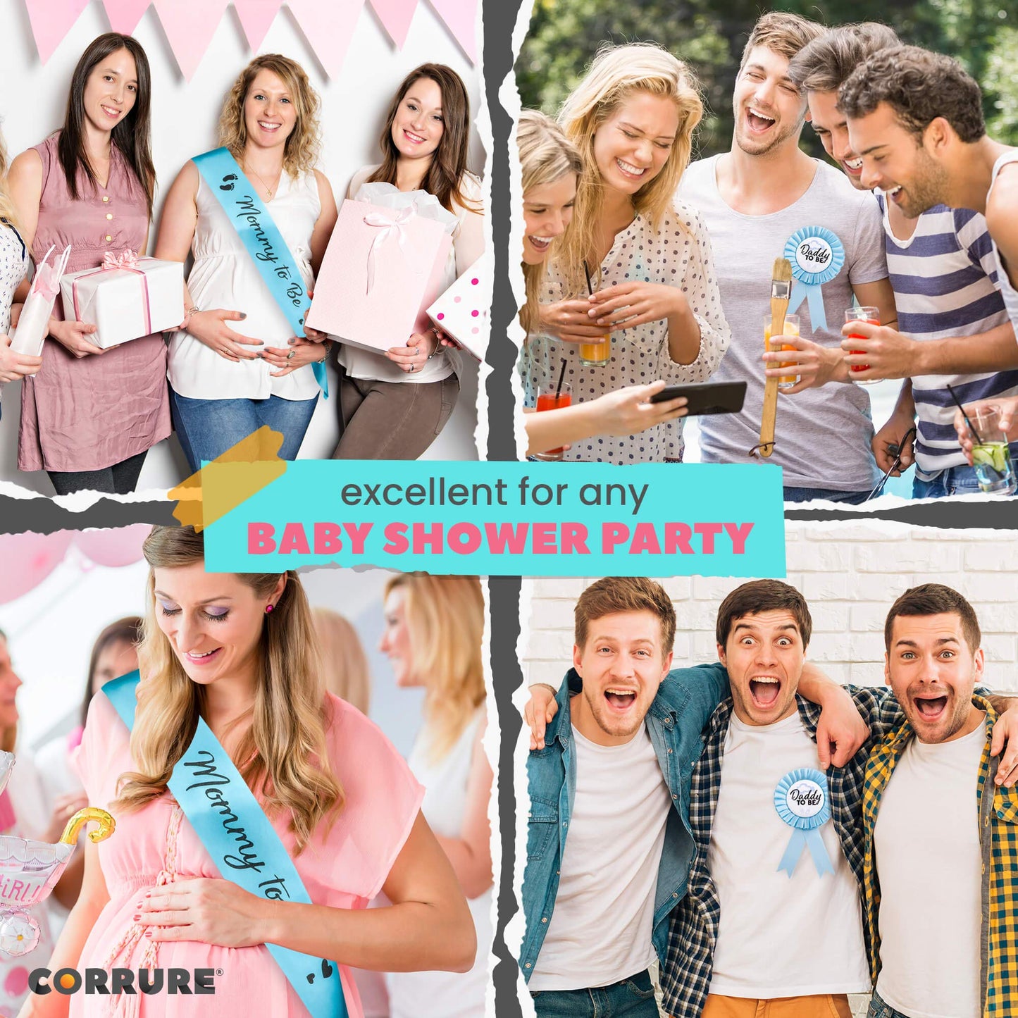 CORRURE Faja de ducha y botón Pin para niño – "Mommy to Be" y "Daddy to Be" Pin con hermosa cinta azul y texto negro con purpurina – Regalo ideal para mamá y papá para revelar el género/baby shower