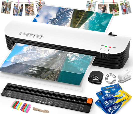 Laminadora Enmicadora Térmica, A4 Máquina Laminadora Térmica con Cortador y 300 Hojas Laminadoras, Térmico Personal de 9 Pulgadas con Perforadora de Agujero, Redondeador de Esquina y Portador de Fotos