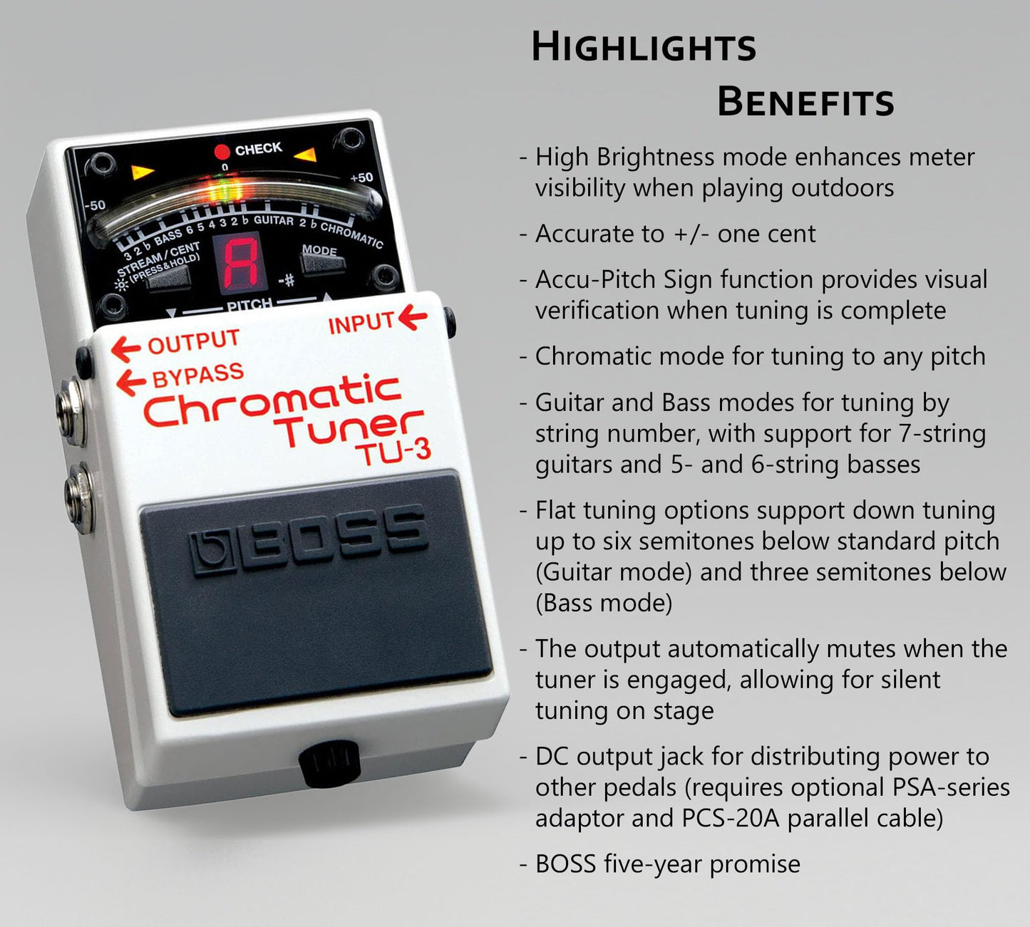 Boss TU-3 - Pedal de afinador cromático - Paquete con cable de instrumento Gearlux, cable de conexión y púas