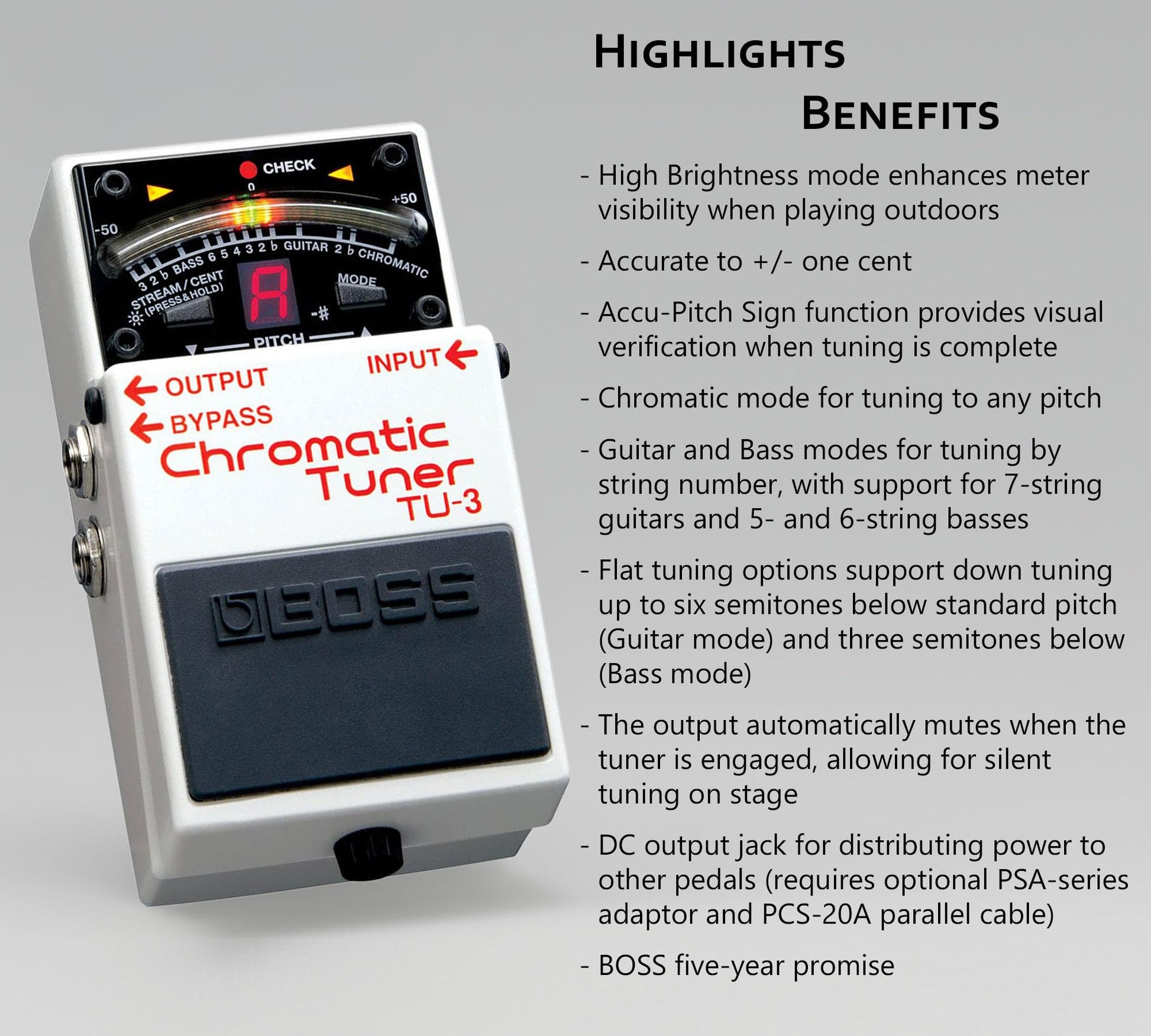 Boss TU-3 - Pedal de afinador cromático - Paquete con cable de instrumento Gearlux, cable de conexión y púas