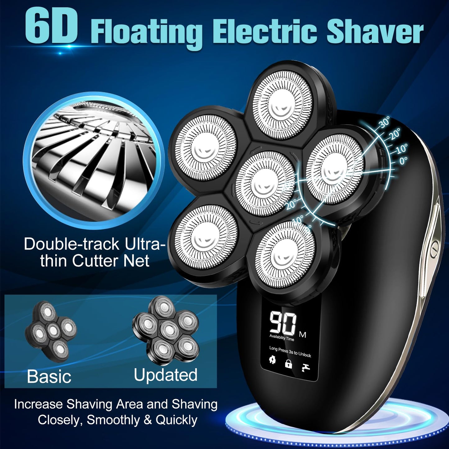Afeitadora eléctrica para hombres, 6 en 1 para hombres, IPX7 Wet/Dry Waterproof para hombre, cabeza rotatoria con kit de afeitadoras, pantalla LED, regalos para marido, papá, novio (plata)