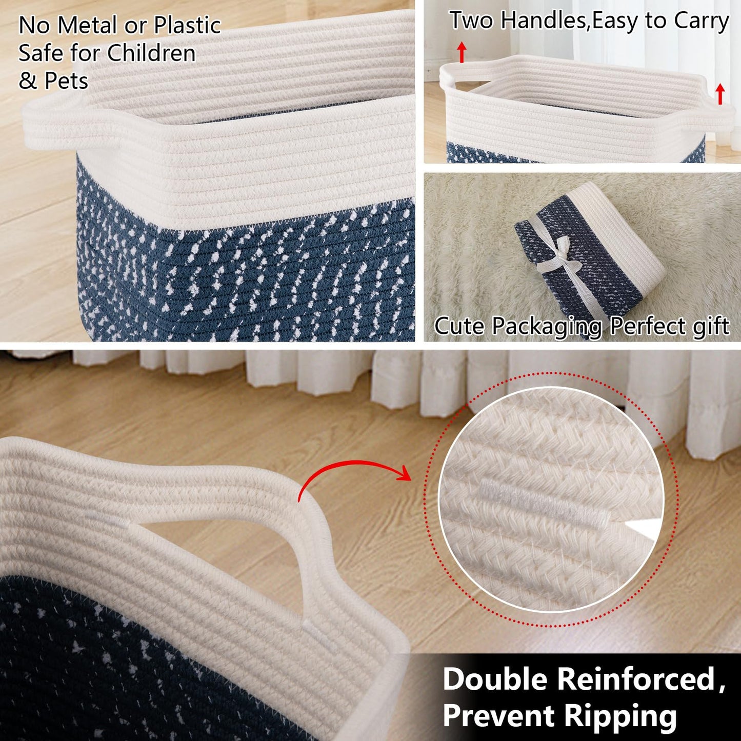 OIAHOMY Cesta de almacenamiento, cestas tejidas para almacenamiento, cesta de cuerda de algodón para juguetes, cestas de toalla para baño, paquete de 3, blanco y azul