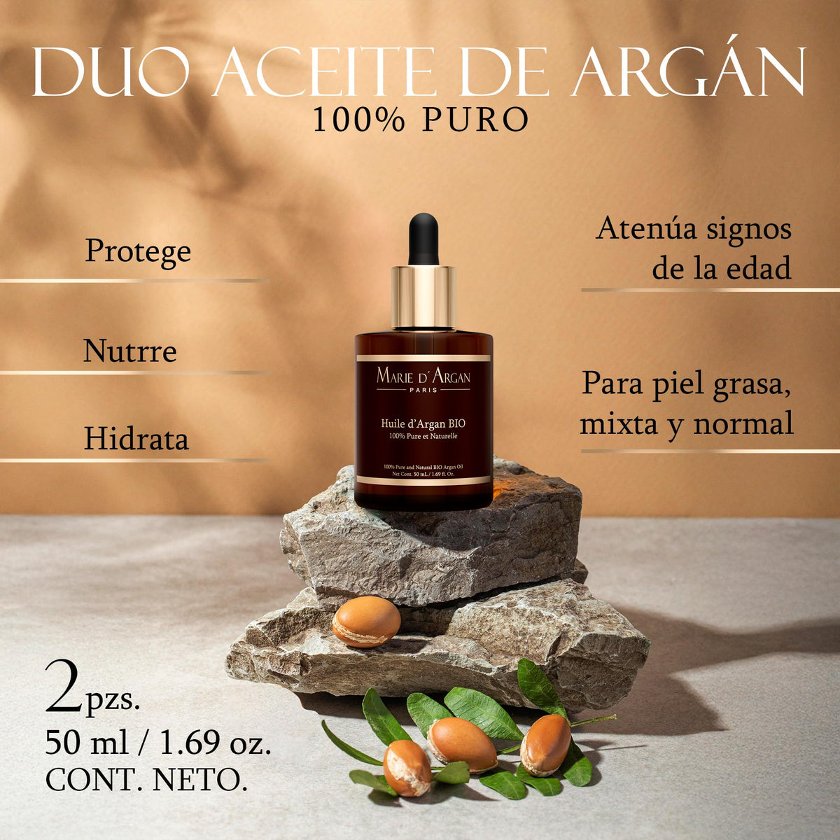 MARIE D' ARGAN Aceite De Argán 100% Puro 50ml 2 Piezas, Hidrata Rostro, Cuerpo, Cabello, Barba, Pestañas Y Uñas, Nutre, Repara Puntas Abiertas Y Aporta Elasticidad, Orgánico Vegano