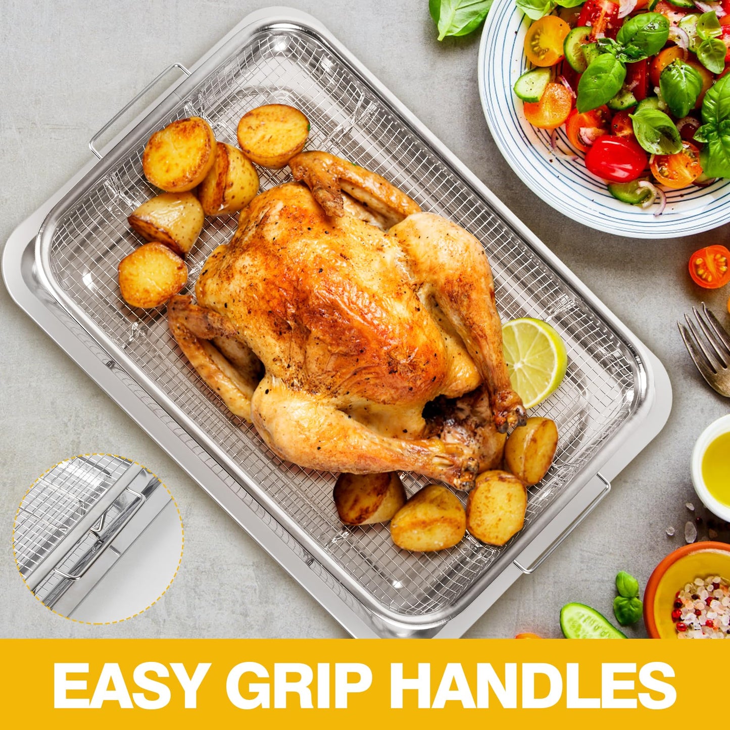 Cesta de freidora de aire para horno, 2 juegos de acero inoxidable, accesorios para freidora de aire, estante para horno y bandeja crujiente, sartén para asar de tocino para horno, juegos de