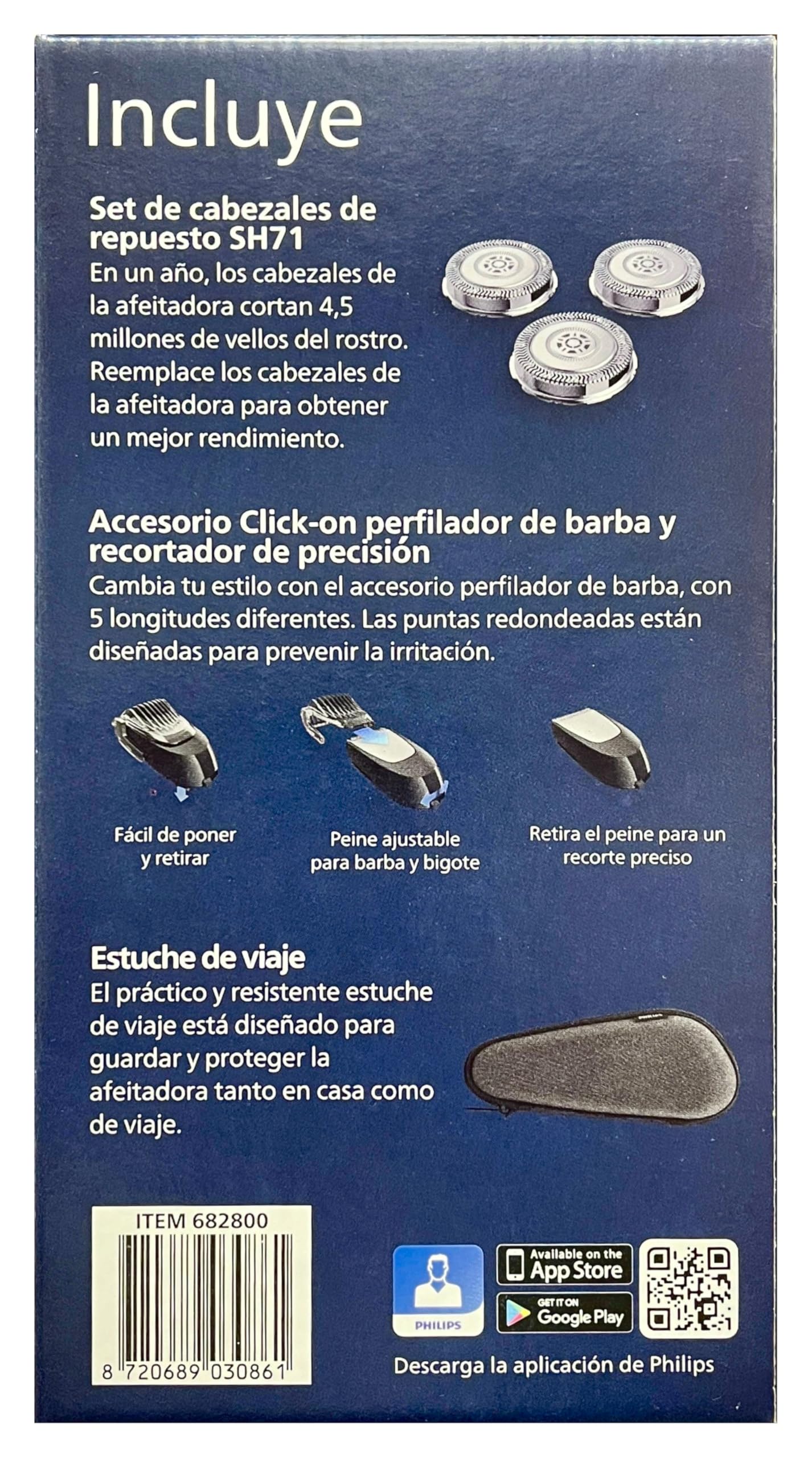 Rasuradora Electrica Philips Shaver Series 6000 Azul con Uso Seco y Húmedo + Estuche de Viaje + Set de Cabezales de Repuesto SH71