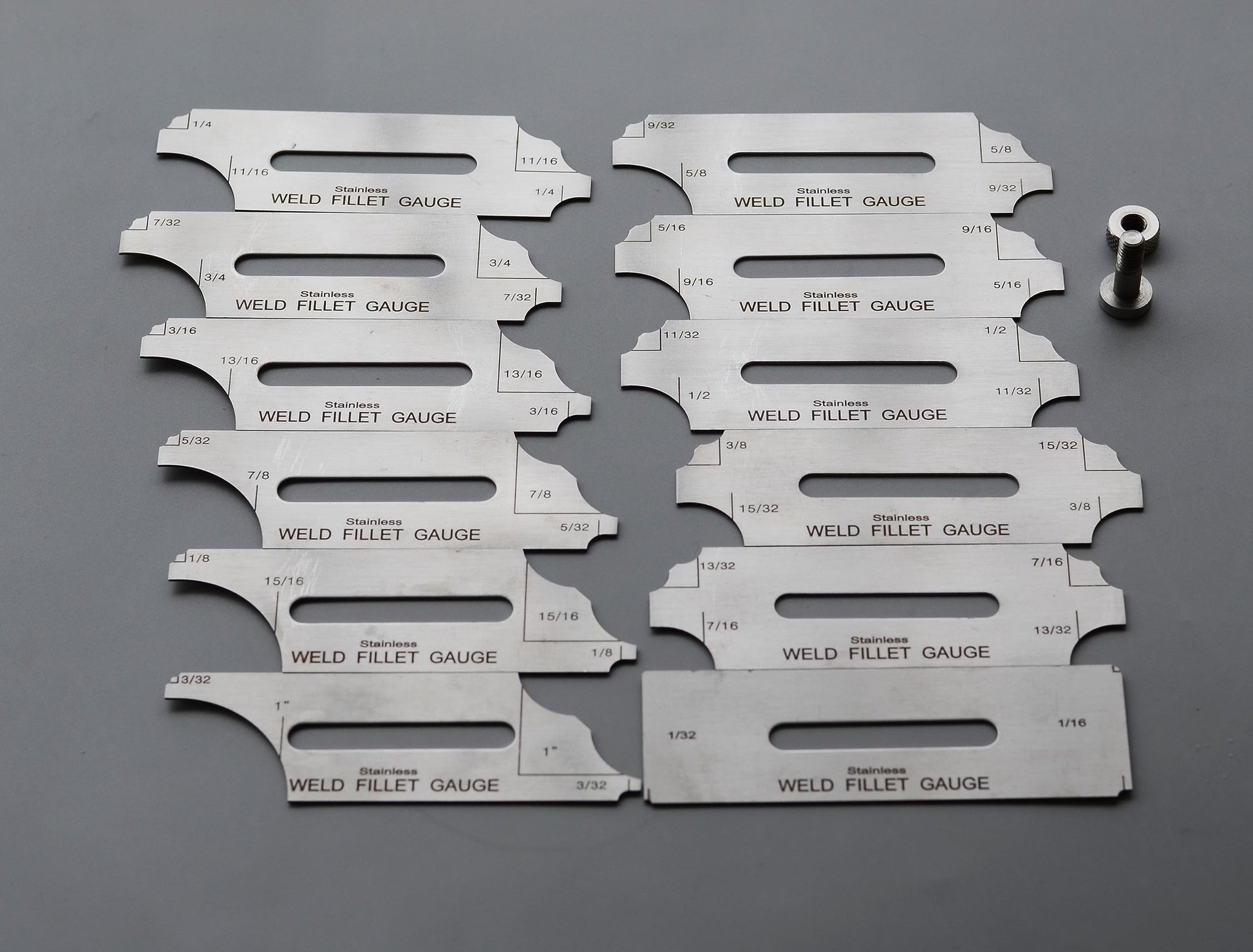 RIVERWELD Juego de 12 piezas para soldadura de filete (1/32" y 1/16") con incrementos de 1/2" y 1". El calibre RL para inspección de soldadura verifica el tamaño de la garganta de la pata del filete.