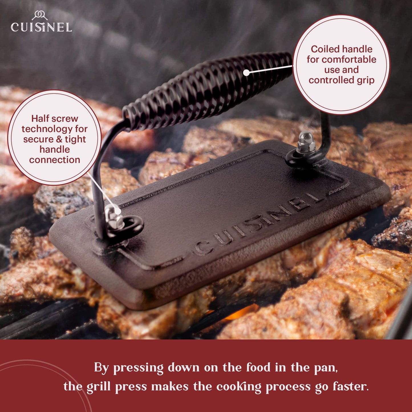 Cuisinel - Sartén para parrilla de hierro fundido + prensa rectangular de hierro fundido + tapa de vidrio templado + rascador de sartén, sartén acanalada presazonada, 10.5 pulgadas cuadrada Grillig