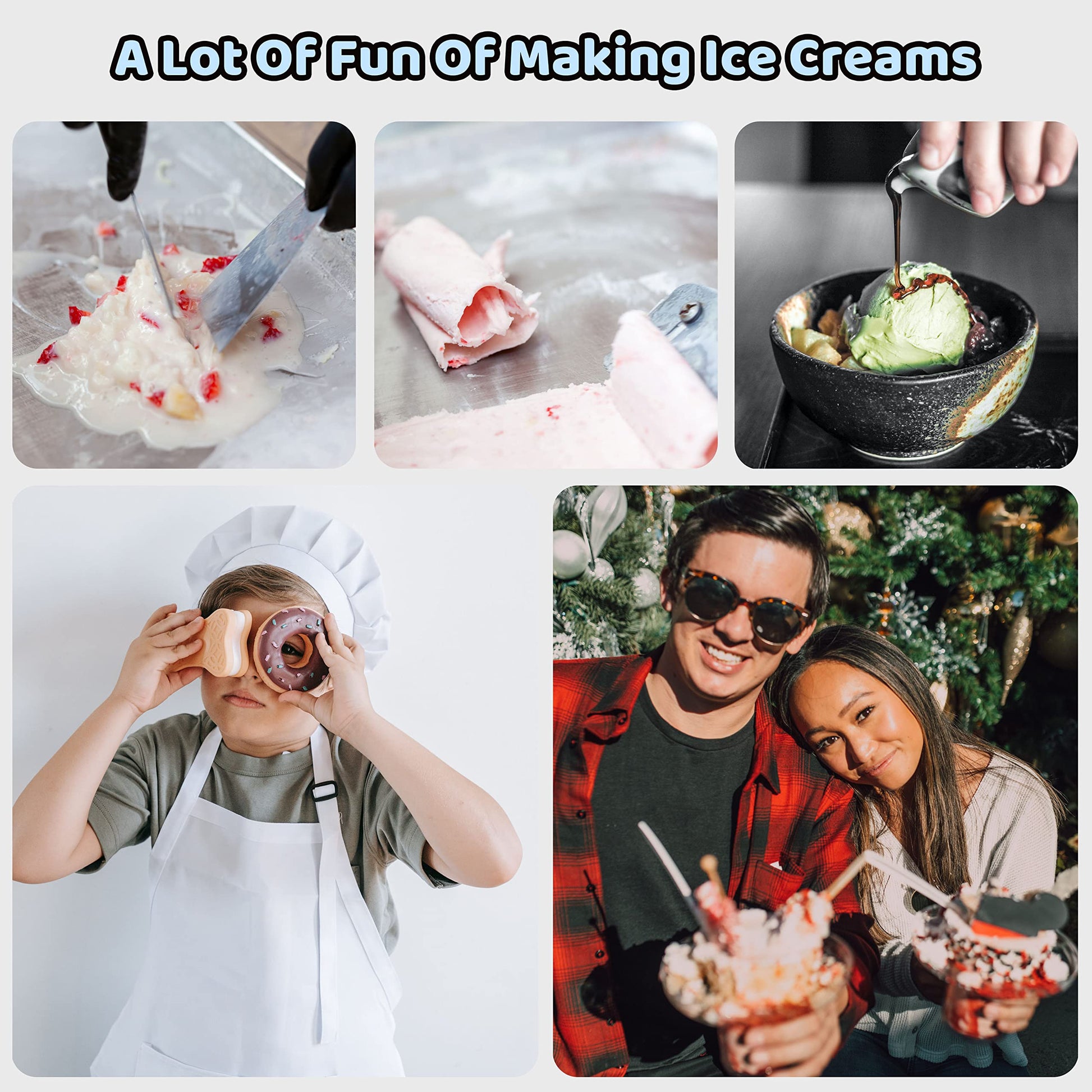 Máquina de Helado Enrollada JoyMech Blanca con Sartén de Puntos Dulces para Hacer Helado y Granizados