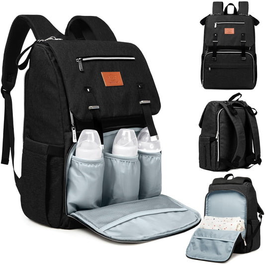 Mochila de Pañales Trendy Black Impermeable y Multifuncional con Colchoneta Cambiadora para Bebé