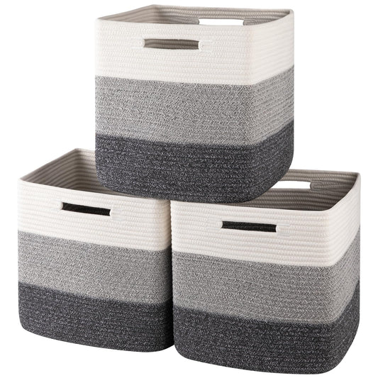 OIAHOMY - Cestas tejidas de cuerda de algodón para organizar 3 unidades de 13 x 13 x 12.6 pulgadas, cestas rectangulares de almacenamiento para ropa, cestas de almacenamiento para niños, sala de