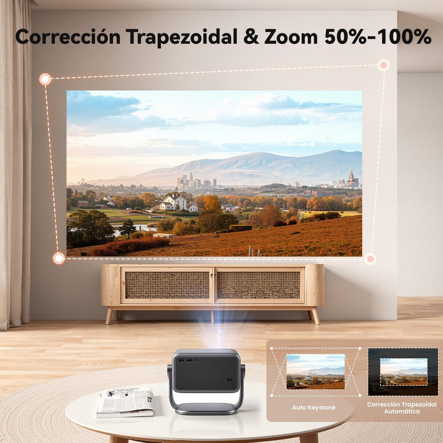 VUEKIME 2026 Proyector Portátil con Android 13, Proyector 4K Soporte y 1080P Nativo con WiFi 6 y Bluetooth 5.2, 500 ANSI, Auto Enfoque/Keystone, Rotación 270°