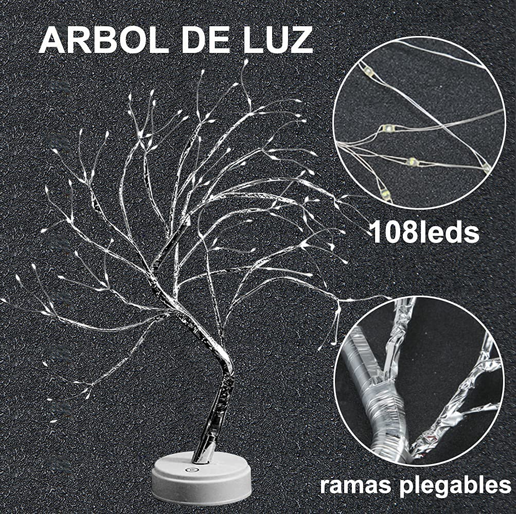 INGEQUIS Lámpara Nocturna Bonsái, Luz Árbol con 108 Leds y Ramas Regulables, Control Táctil, Decoración Luminosa para Recámara, Fiestas, Navidad etc. (Colorido)