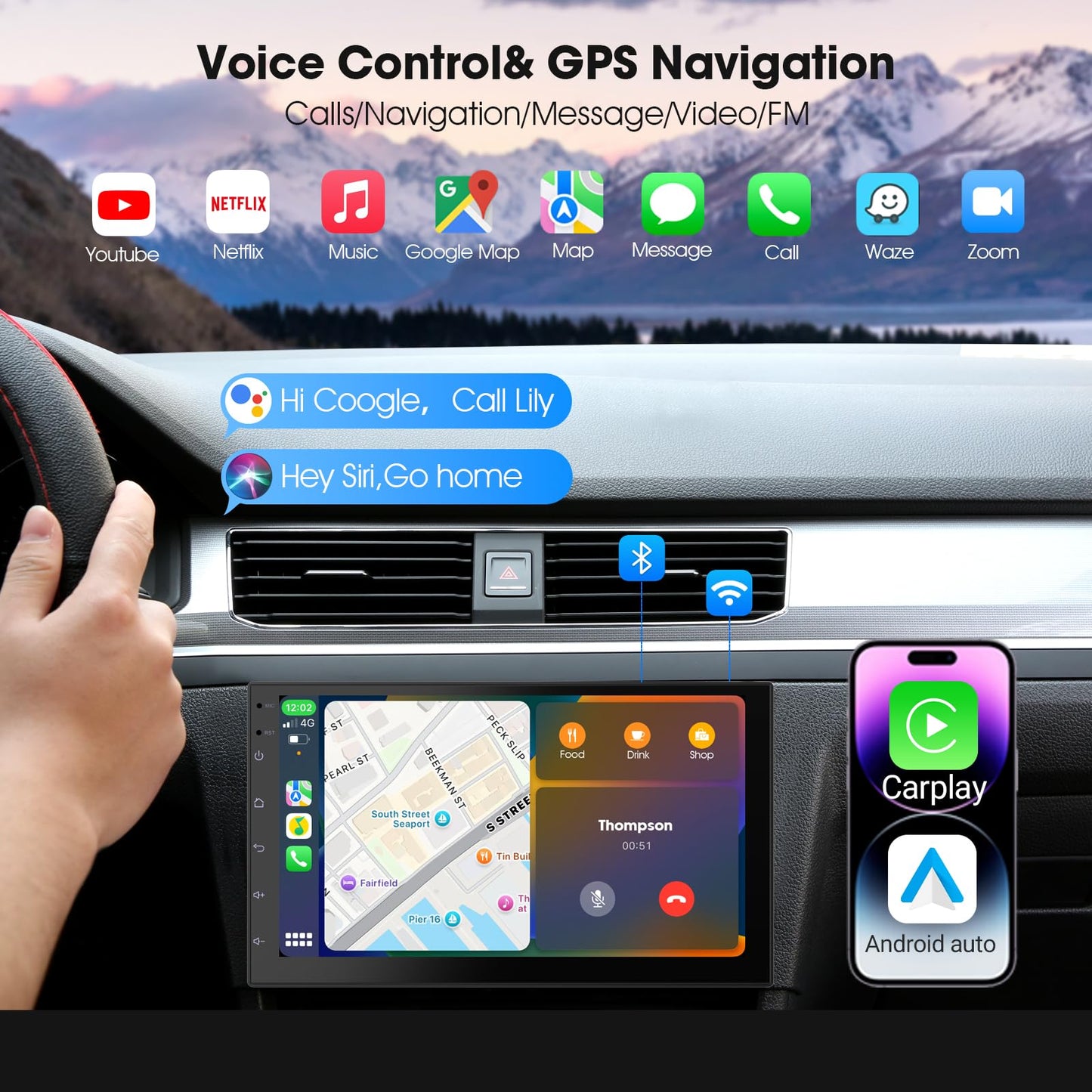 Haudio CarPlay - visualización inalámbrica para Coche y Android Auto Head Unit - visualización táctil de 7 Pulgadas Doble DIN estéreo (2+64GB)