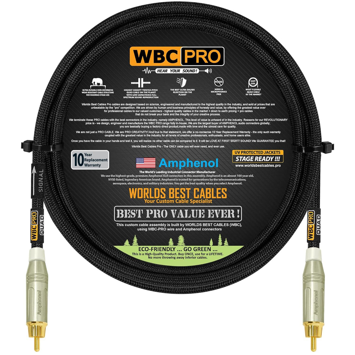 Cable de Subwoofer WBC-PRO Negro Ultra-Silencioso Ultra-Flexible Conectores RCA Oro Amphenol 1.52 m