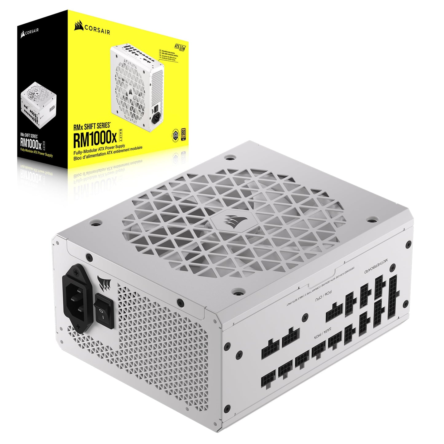 CORSAIR RM1000x Shift Fuente de Alimentación ATX Totalmente Modular - Interfaz Lateral Modular - Compatible con ATX 3.0 y PCIe 5.0 - Modo Ventilador a Cero RPM - Eficiencia 80 Plus Gold - Blanco