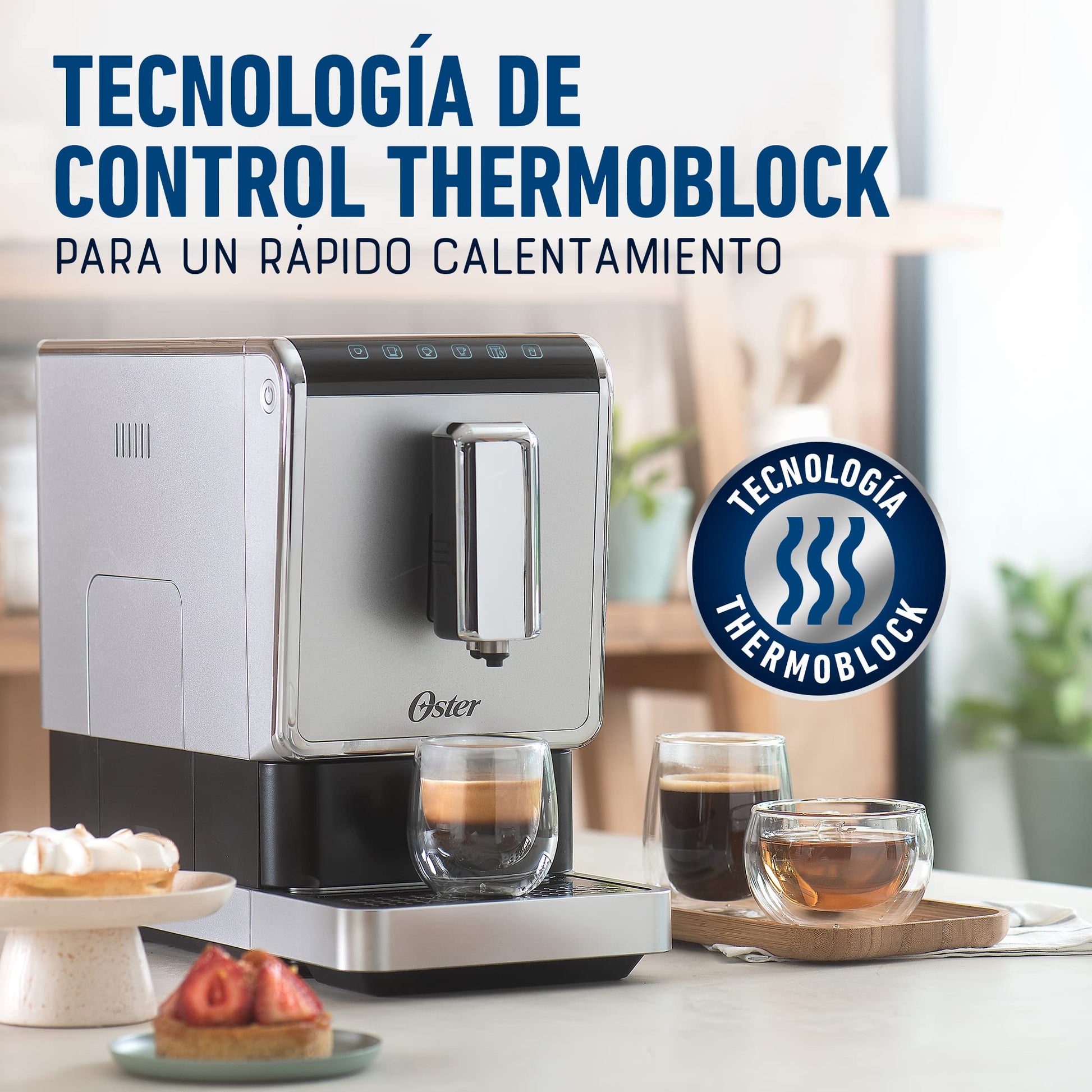 Oster Cafetera Super Automática para Espresso, de 20 Bares de Presión, con Molino Integrado, con Panel de Control Táctil con 5 Funciones Preestablecidas, Color Plata-Negro, BVSTEM8100-013