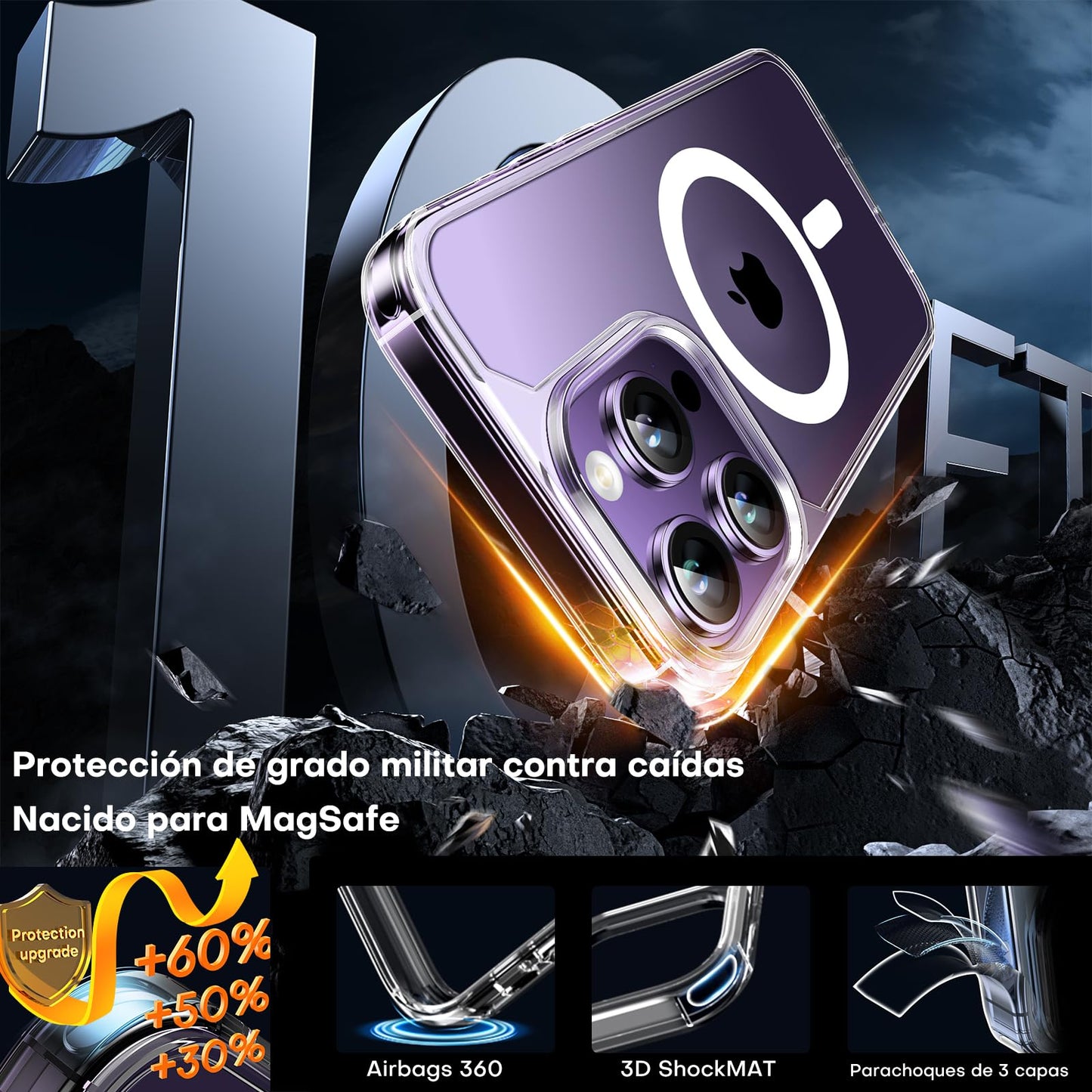 TAURI Funda Magnética para iPhone 14 Pro MAX 6.7" con Protector de Pantalla Vidrio Templado, Compatible con MagSafe, [No se Amarillea] Protección Según la Norma Militar Carcasa - Transparente