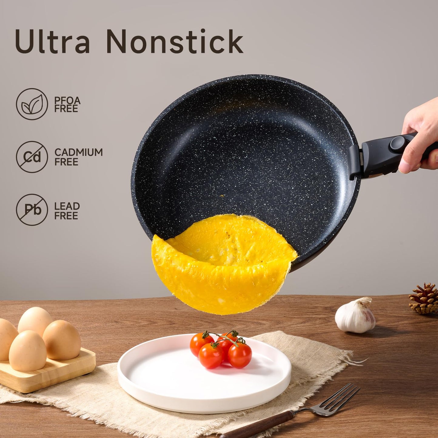 JEETEE - Juego de ollas y sartenes antiadherentes, 26 piezas, utensilios de cocina con mango extraíble/desmontable, para cocina de inducción, apto horno, apilables, para caravana, sin PFOA, negro
