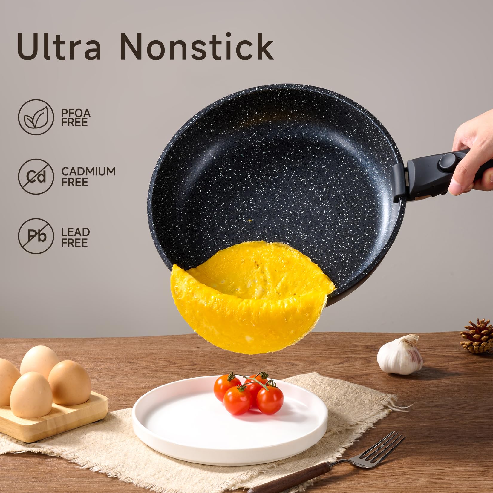 JEETEE - Juego de ollas y sartenes antiadherentes, 26 piezas, utensilios de cocina con mango extraíble/desmontable, para cocina de inducción, apto horno, apilables, para caravana, sin PFOA, negro