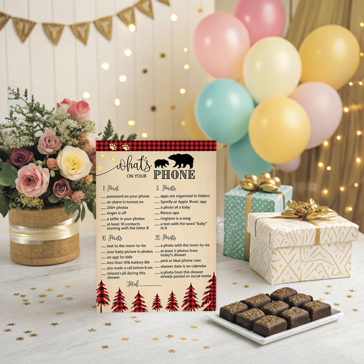 Roseum Collections LUMBERJACK - Juego de baby shower temático - WhAT'S ON YOUR PHONE - Paquete de 25 - Country Buffalo Plaid rústico Boy Country Co-ed Decoración de ducha para parejas G805-PHN