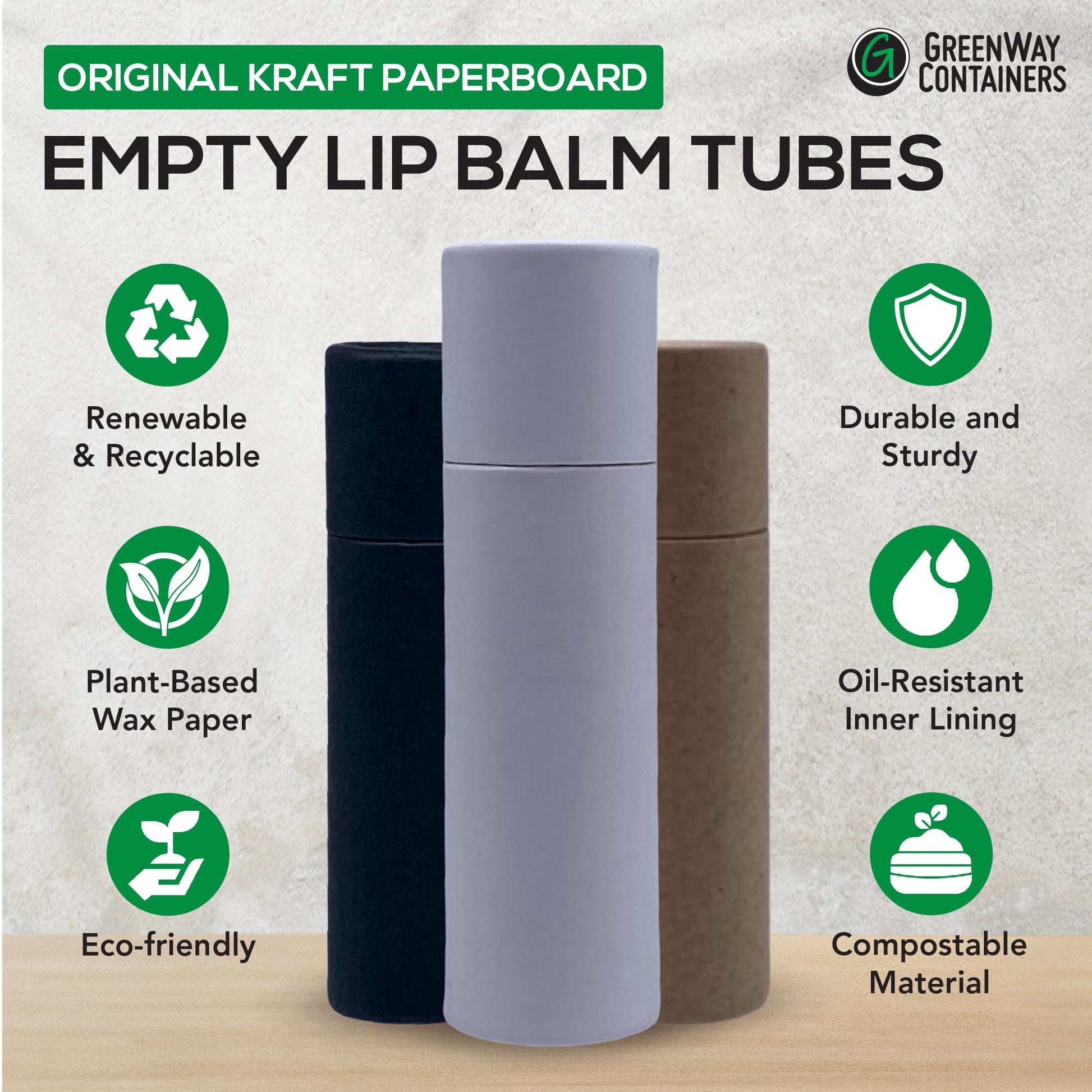 GreenWay - Tubos de bálsamo labial de cartón kraft de 8,5 g con tapas, paquete de 25 tubos de brillo labial recargables para bricolaje, recipientes de bálsamo labial, tubos de soporte vacíos, color blanco