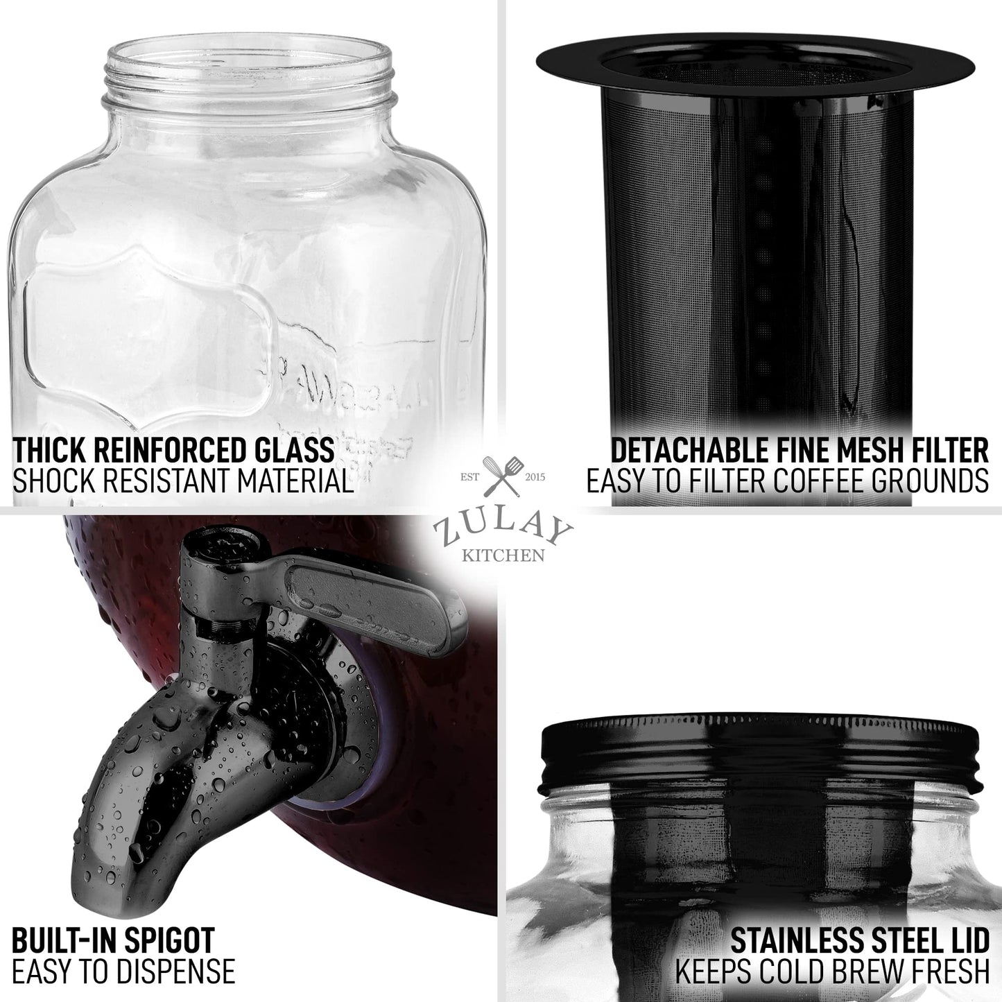 Cafetera de 1 galón con jarra de vidrio extragruesa y filtro de malla de acero inoxidable – Cafetera helada premium, jarra de cerveza fría e infusor de té – por Zulay Kitchen (negro)