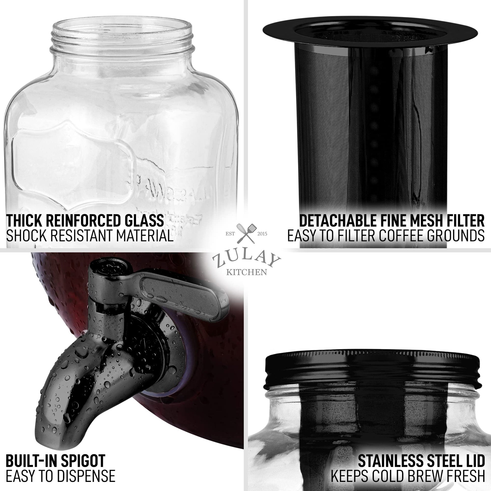 Cafetera de 1 galón con jarra de vidrio extragruesa y filtro de malla de acero inoxidable – Cafetera helada premium, jarra de cerveza fría e infusor de té – por Zulay Kitchen (negro)