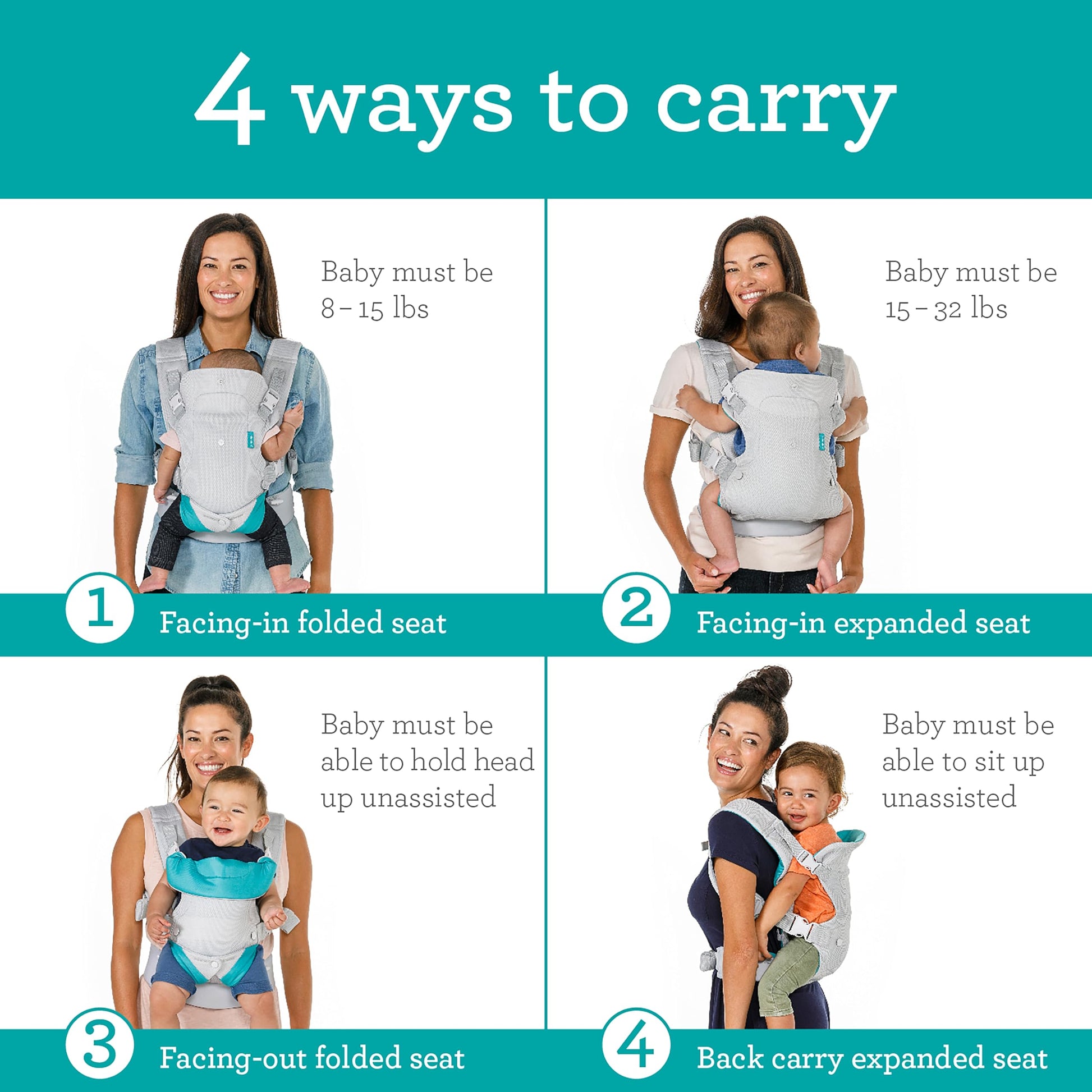 Infantino Flip 4-in-1 Light & Airy Convertible Carrier - Breathable, 4 Positions, Lumbar Support, Adjustable Waist Belt, Head Support, Ergonomic Seat, Adjustable Waistband, Plush Straps